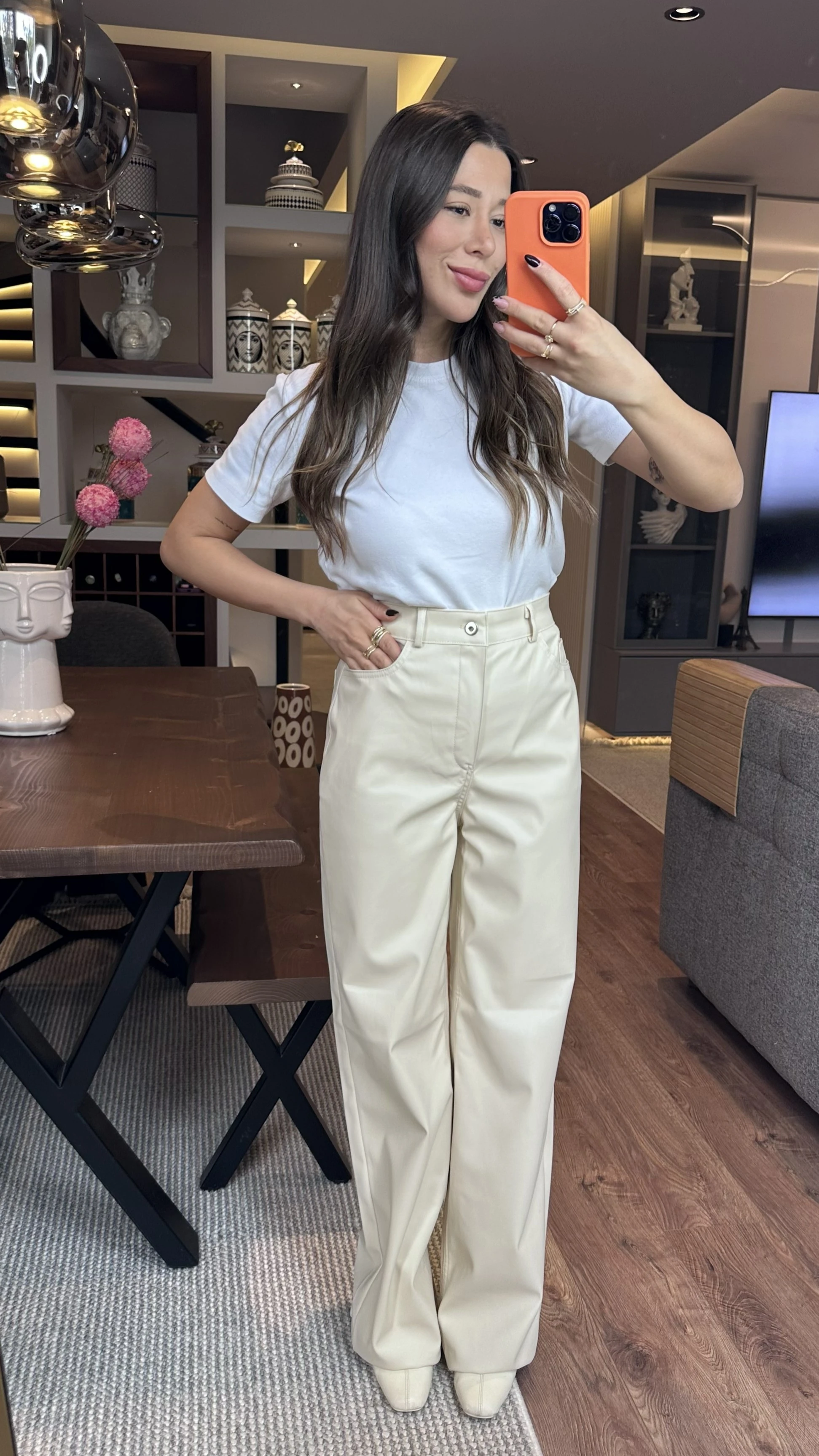 ZR Etiketli Bej Deri Palazzo Pantolon 