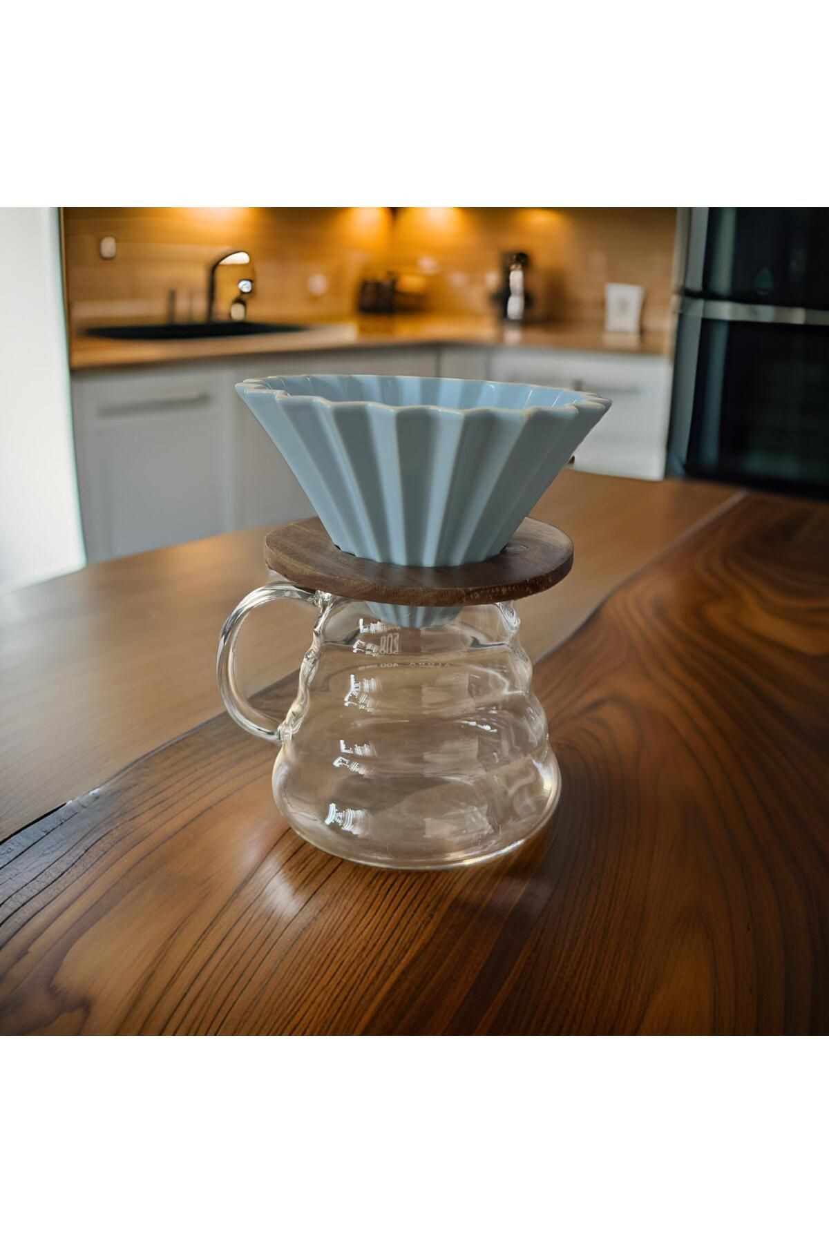 V60 Ahşap Standlı Seramik Dripper  Kahve Potu 500ml Seti