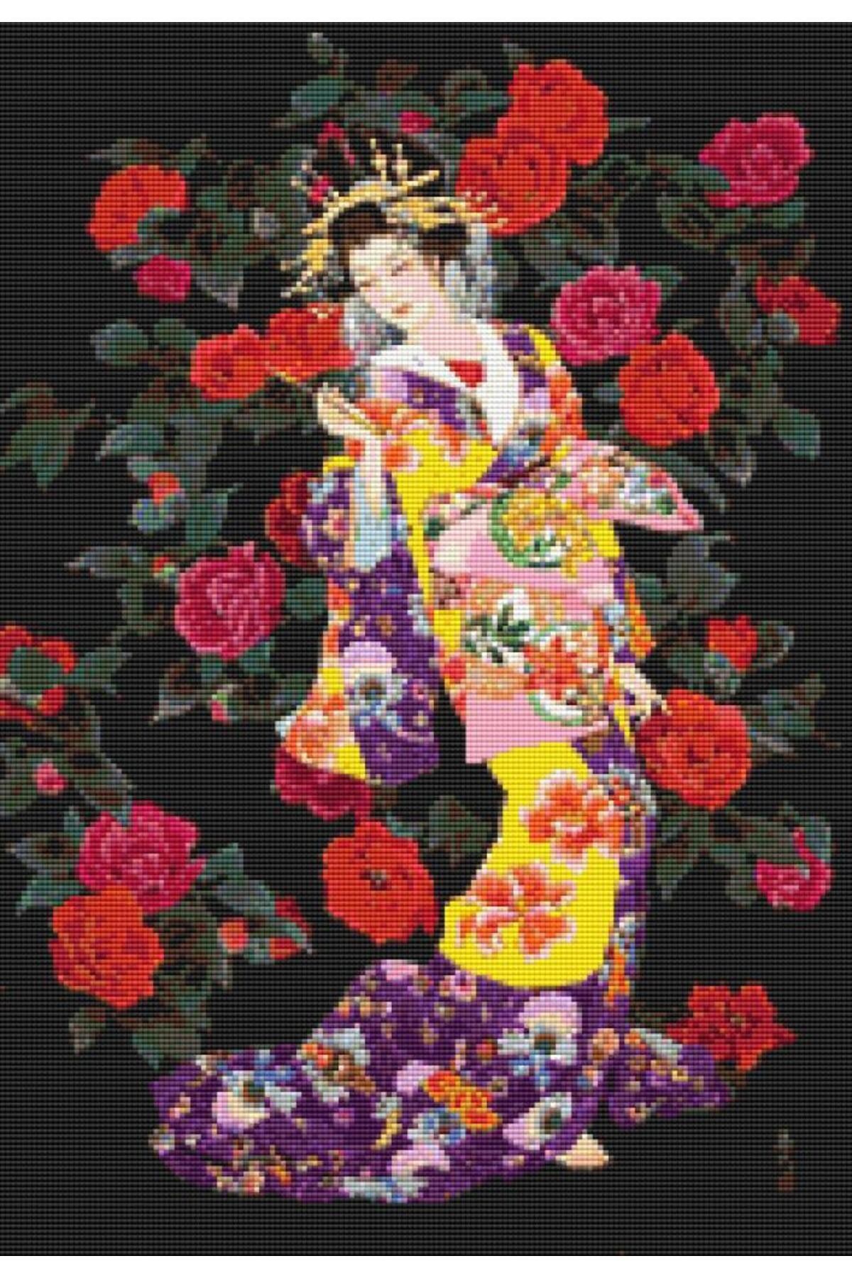 Movas Sanat Geisha And Roses | Diamond Mosaic Painting - Mosaic Puzzle | 40x58 |