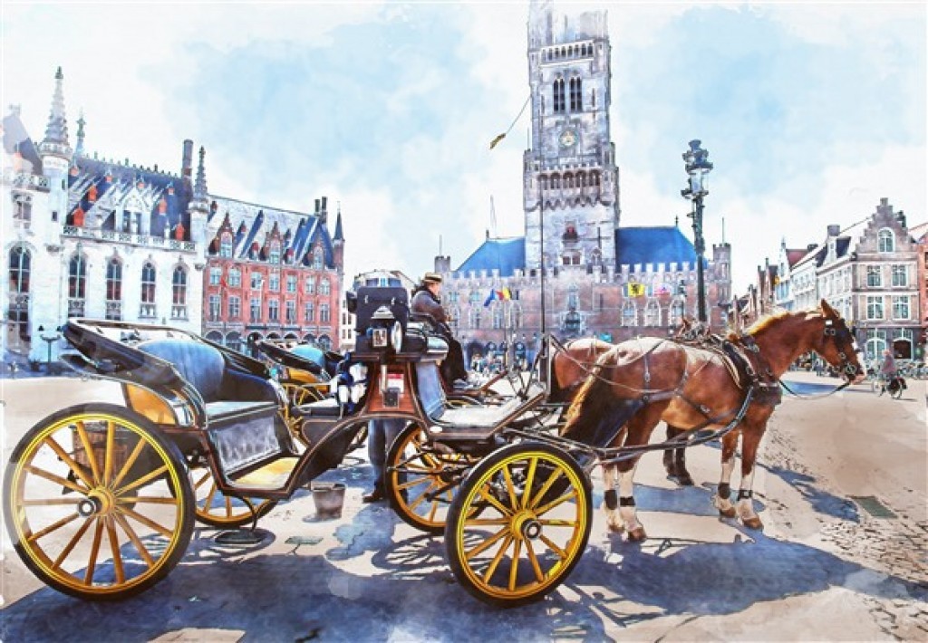 Movas Sanat A Carriage in the Bruges Square | Diamond Mosaic Painting | Mosaic Puzzle | 60x40 | E20202026IO