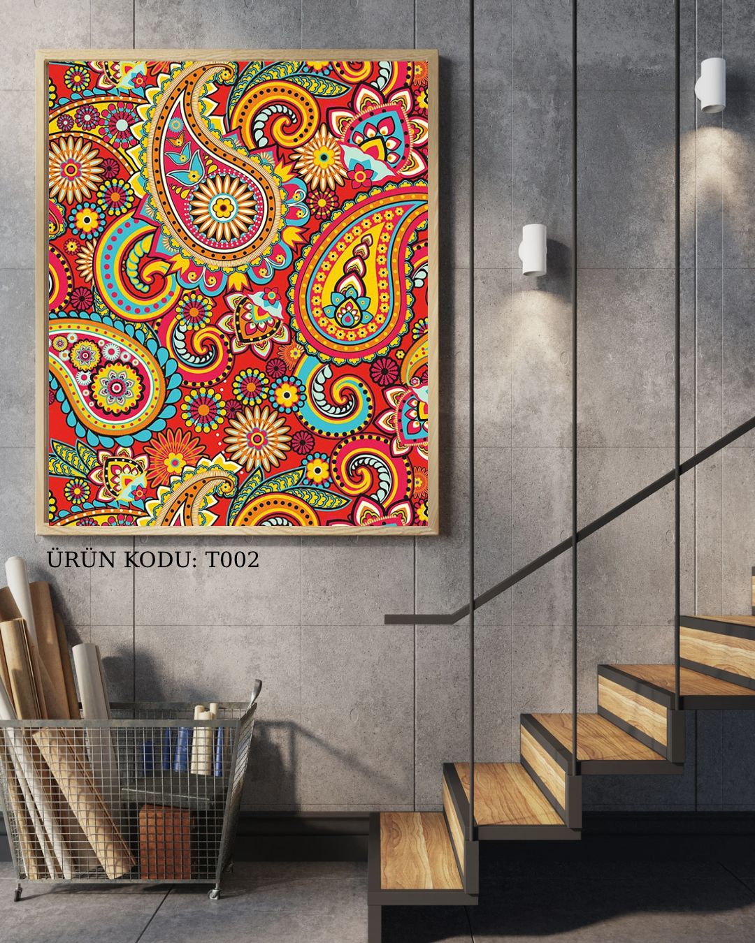 Paisley Desenli Kırmızı Zemin Hint Yağmuru 35x50cm T002 Dialands Elmas Mozaik Tablo