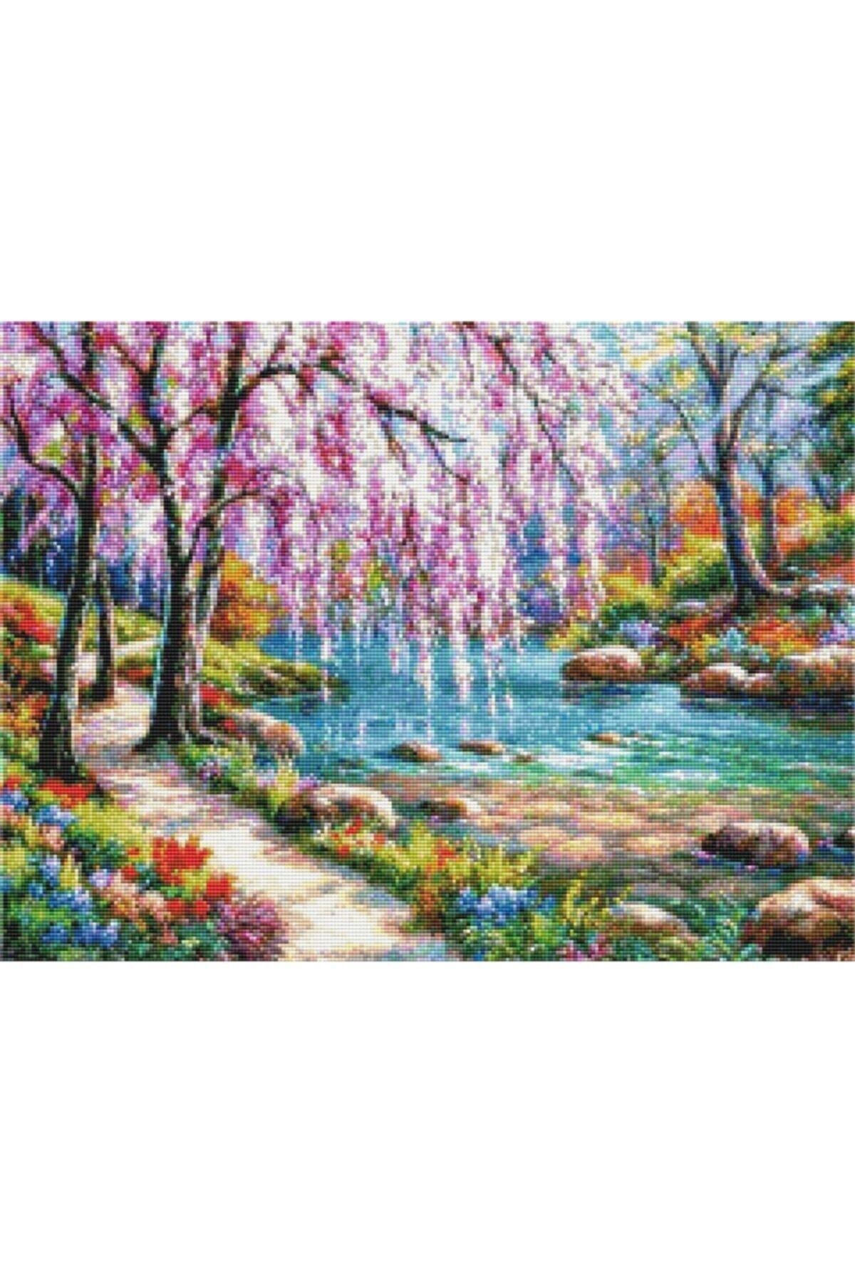 Movas Sanat Pink Flowering Trees in Spring | Diamond Mosaic Painting | Mosaic Puzzle | 60x45 | E20201436M