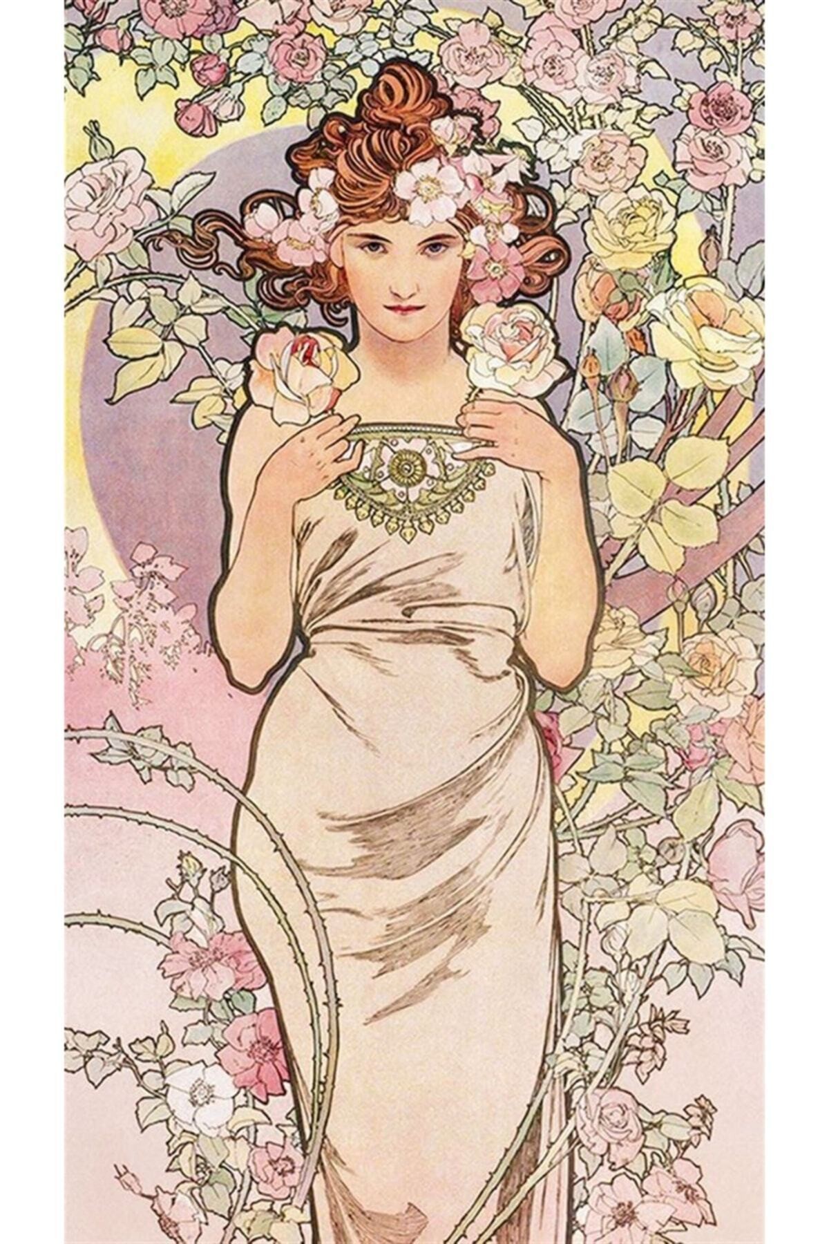 Movas Sanat Alphonse Mucha - Güller Arasındaki Kadın | Elmas Mozaik Puzzle | 35x50 | E20203587