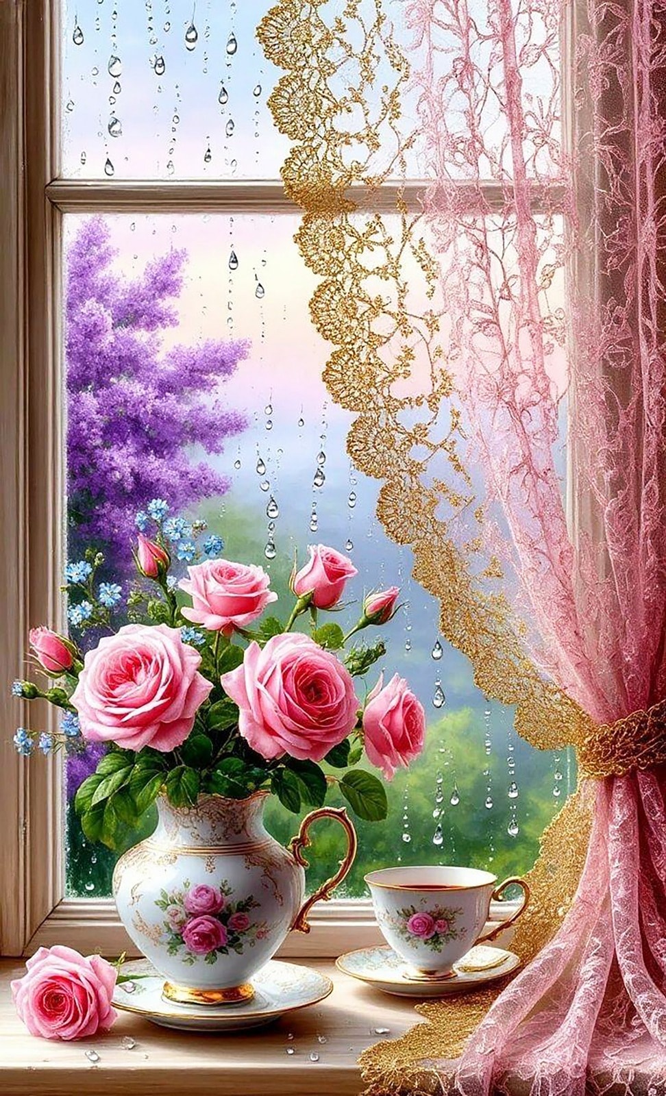 Pembe Düşler Penceresi 60X37cm T0023 Dialands Elmas Mozaik Tablo