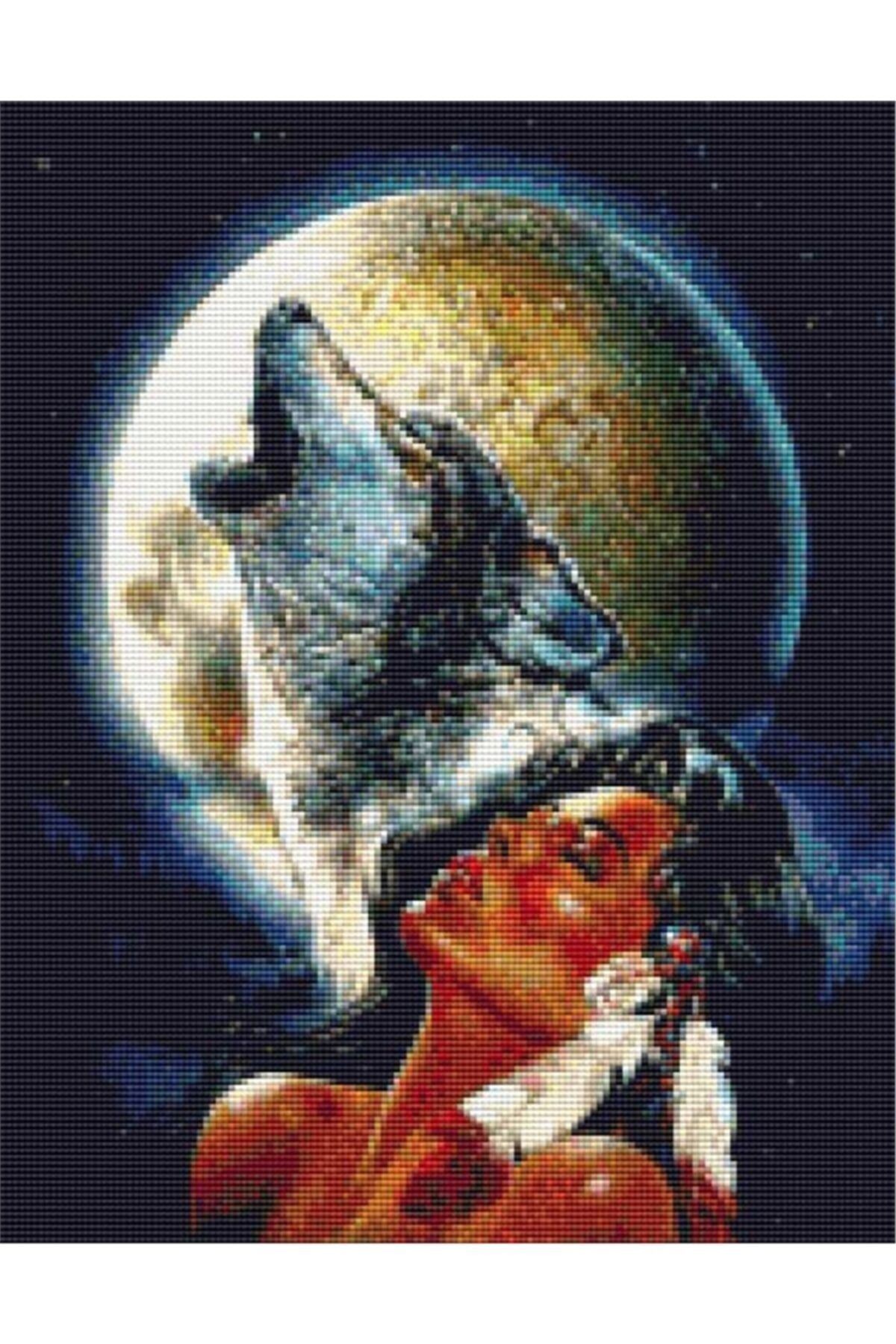 Movas Sanat Ay Işığında Uluyan Kurt Ve Kadın | Elmas Mozaik Puzzle | 35x45 | E20201468M
