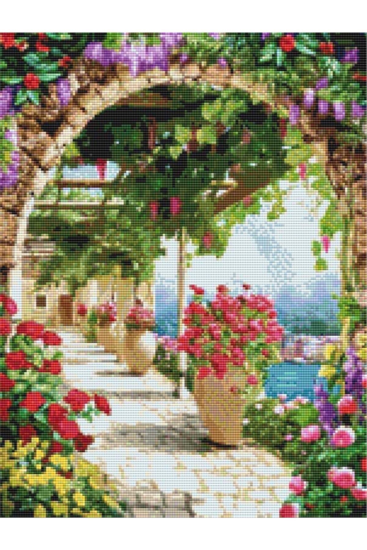 Movas Sanat Çiçekli Otel Girişi | Elmas Mozaik Tablo | Mozaik Puzzle | 40x55 | E20201538M