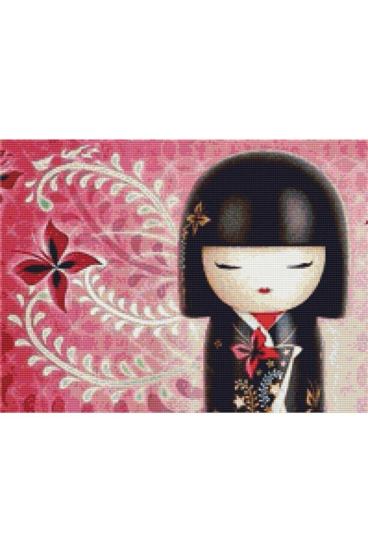 Movas Sanat Japon Kızı Ve Japon Gülleri | Elmas Mozaik Tablo | Mozaik Puzzle | 50x40 | E20201379M