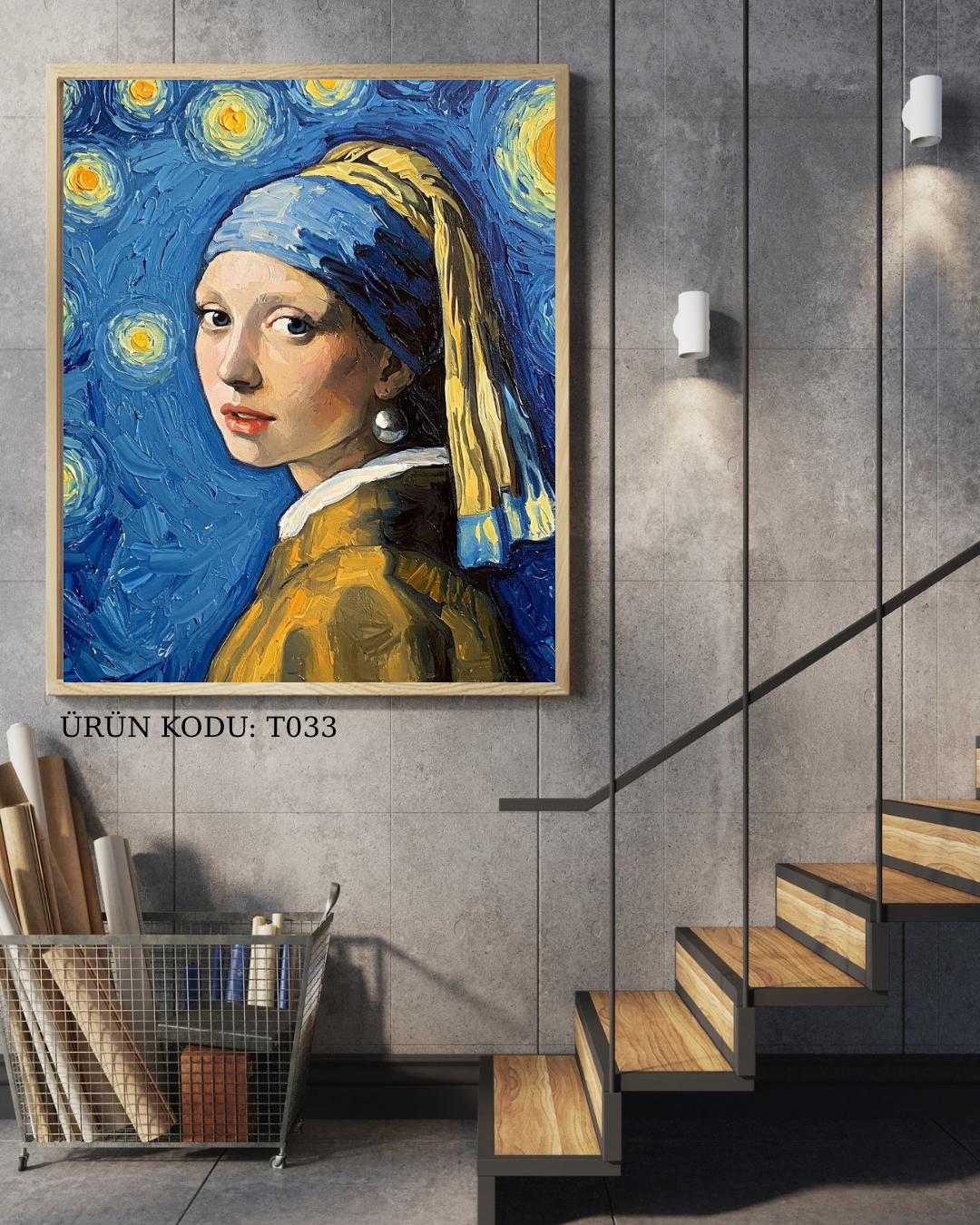 İnci Küpeli Kız Ve Yıldızlı Gece 50x50cm T033 Dialands Elmas Mozaik Tablo