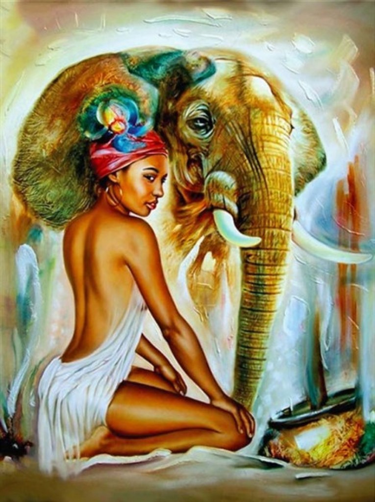 Movas Sanat African Brunette Girl and an Elephant | Diamond Mosaic Painting | Mosaic Puzzle | 40x50 | E20201278IO