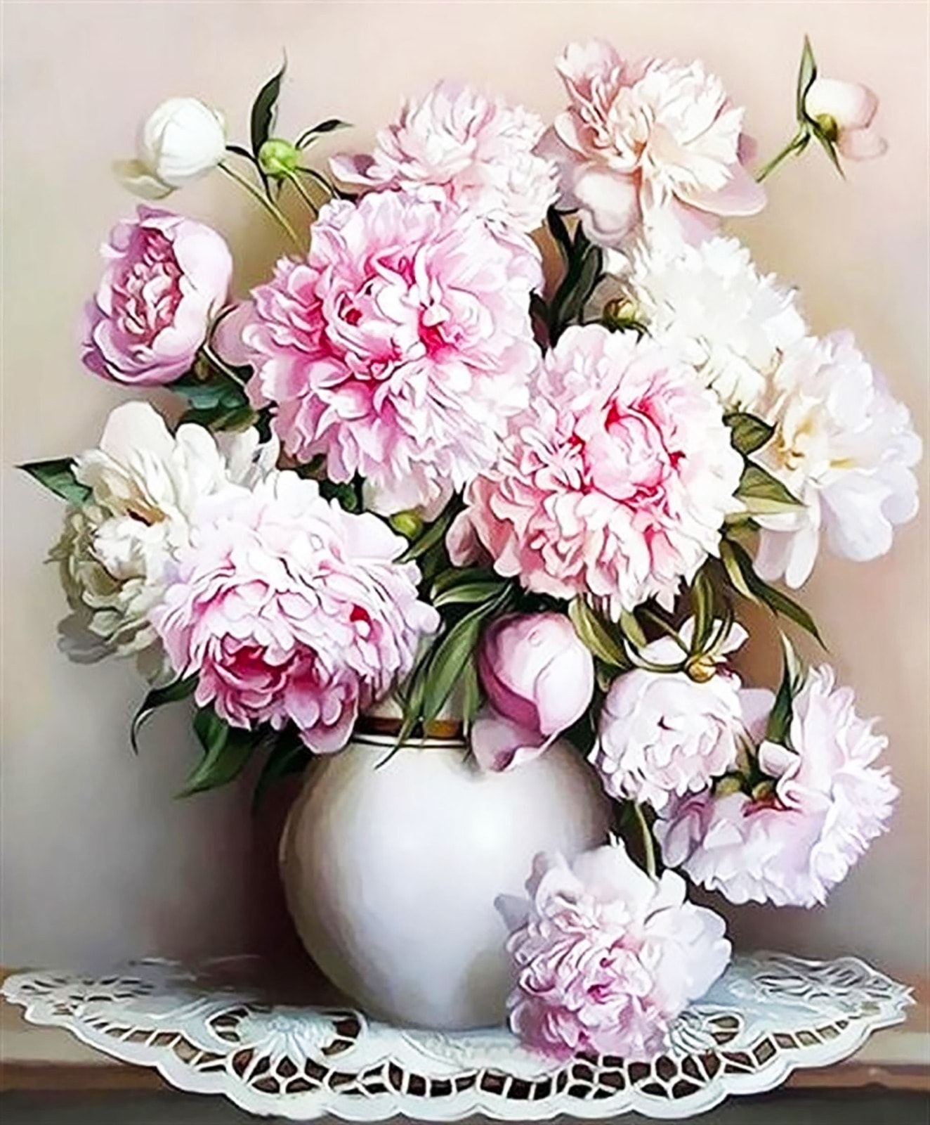 Beyaz Vazodaki Şakayıklar 48x58cm T4141 Dialands Elmas Mozaik Tablo