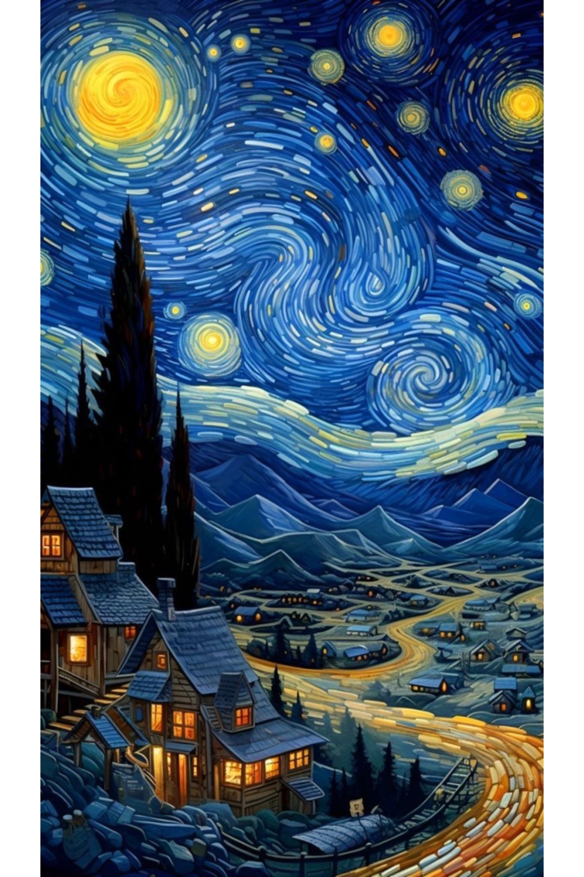 Movas Sanat Köyde Yıldızlı Gece | Elmas Mozaik Tablo | Mozaik Puzzle | 40x70 | E20204534