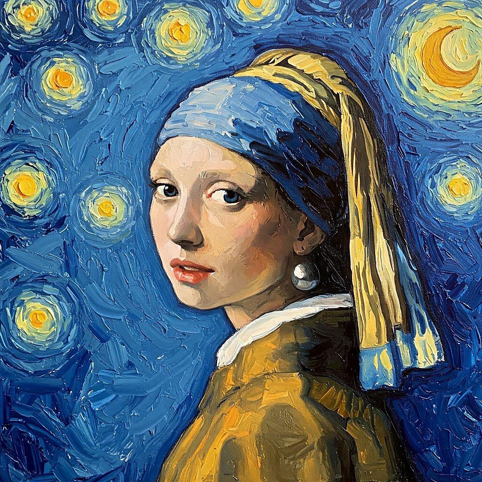 İnci Küpeli Kız Ve Yıldızlı Gece 50x50cm T033 Dialands Elmas Mozaik Tablo