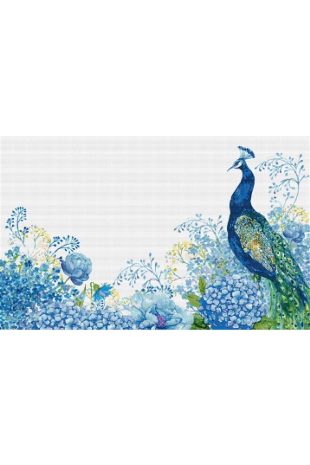 Movas Sanat Blue Peacock And Flowers | Diamond Mosaic Painting | Mosaic Puzzle | 50x31 | E2020502