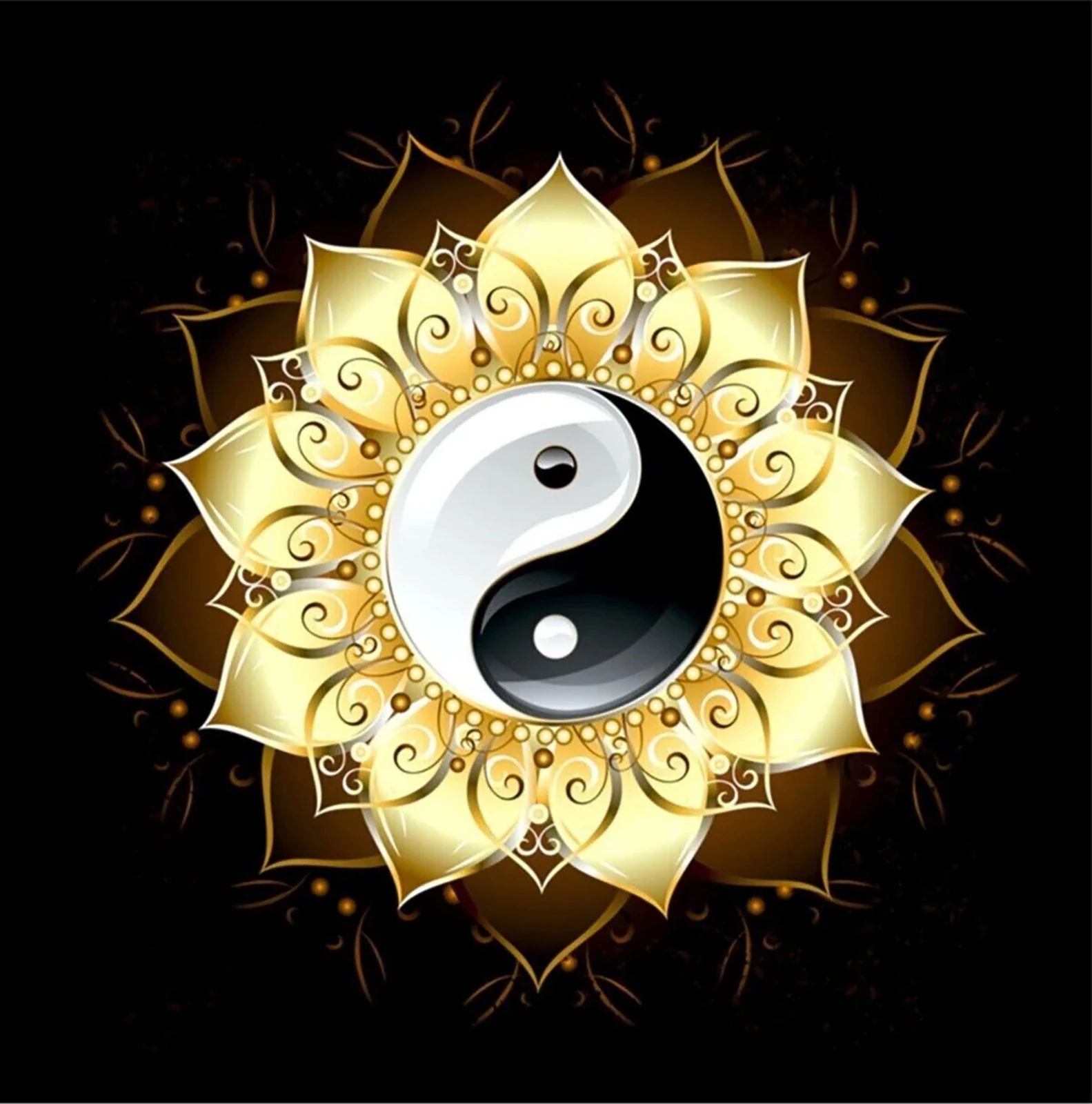 Sarı Lotus Ortasında Yin Yang Sembolü 45x45cm Dialands Elmas Mozaik Tablo