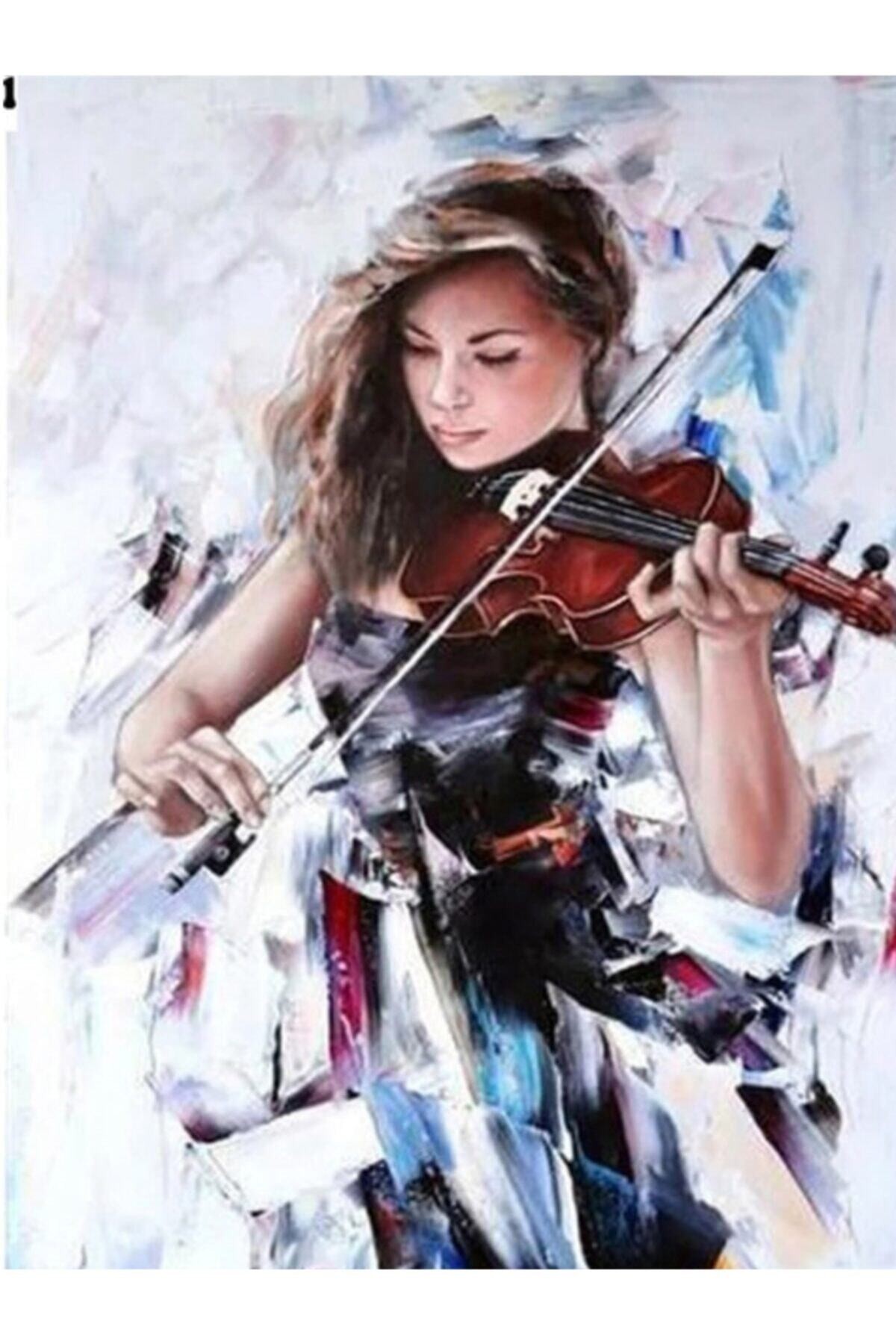 Movas Sanat Beyazlar İçinde Keman Çalan Kadın | Elmas Mozaik Puzzle | 40x60 | E20202824M