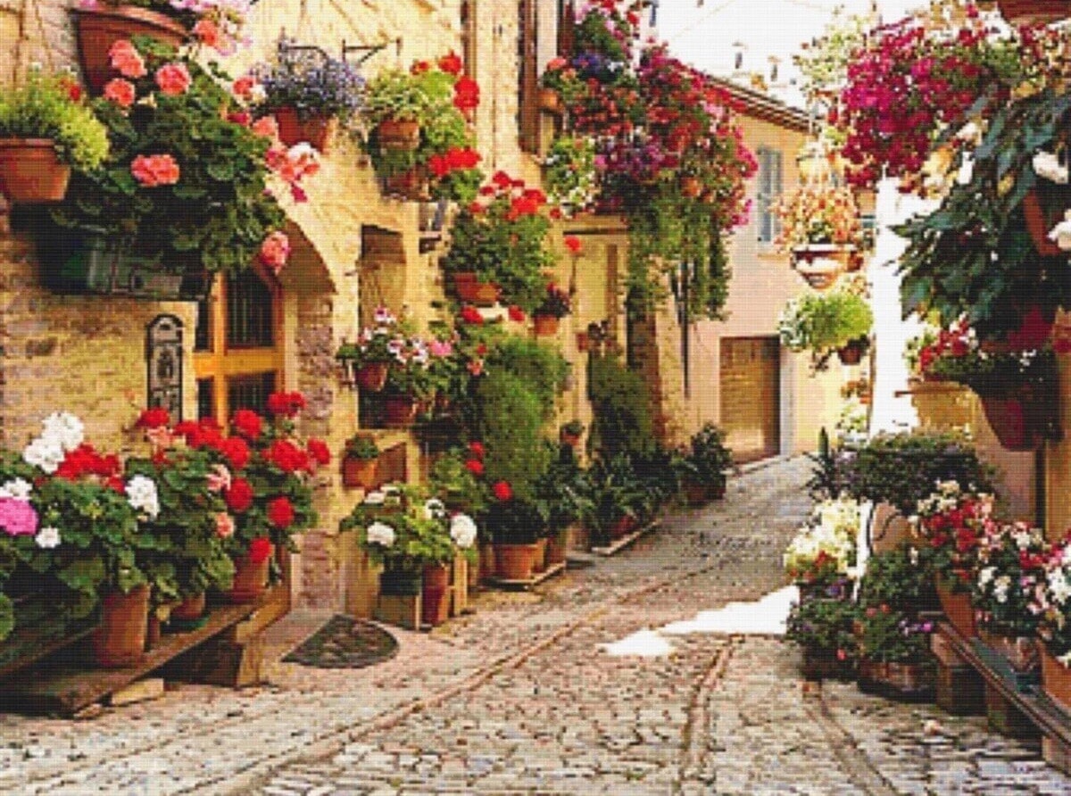 Çiçekli Eski İtalyan Sokağı 45x33cm Dialands Elmas Mozaik Tablo