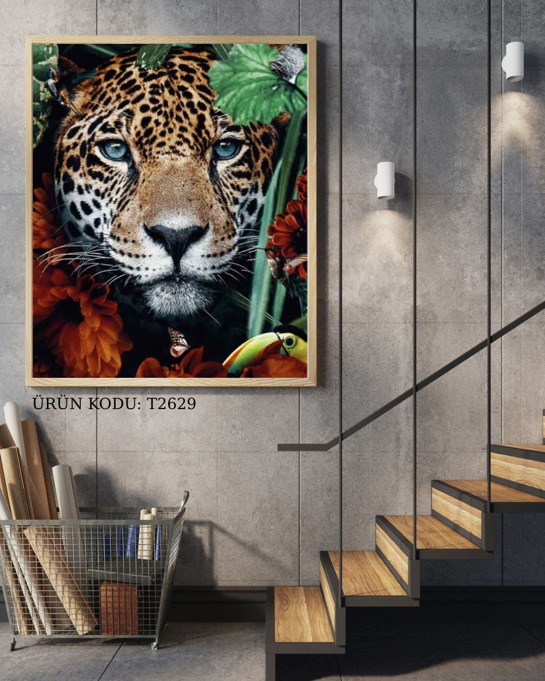 Yaprak Ve Çiçekler Arasında Leopar40x60cm Dialands Elmas Mozaik Tablo
