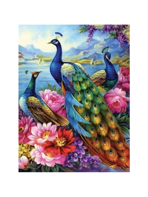 Movas Sanat Tavuskuşları Ve Fuşya Çiçekler | Elmas Mozaik Tablo | Mozaik Puzzle | 40x50 | E20201288M