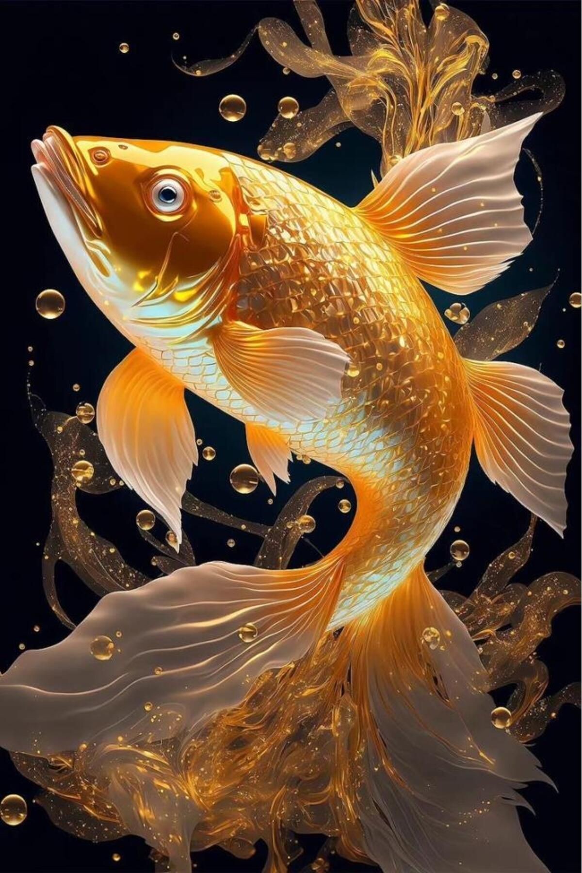 Movas Sanat Altın Rengi Japon Balığı Tasarımı | Elmas Mozaik Puzzle | 45x70| E20234088