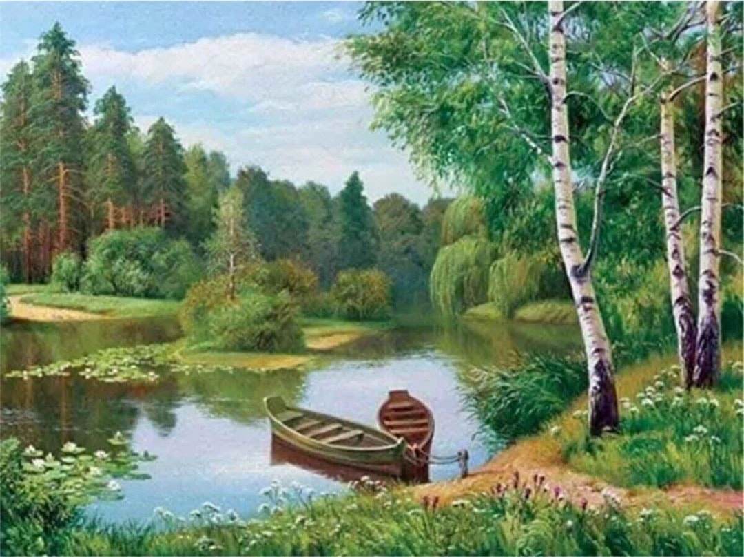 Yeşil Ağaçlar Göl Ve Tekne 50x35cm Dialands Elmas Mozaik Tablo