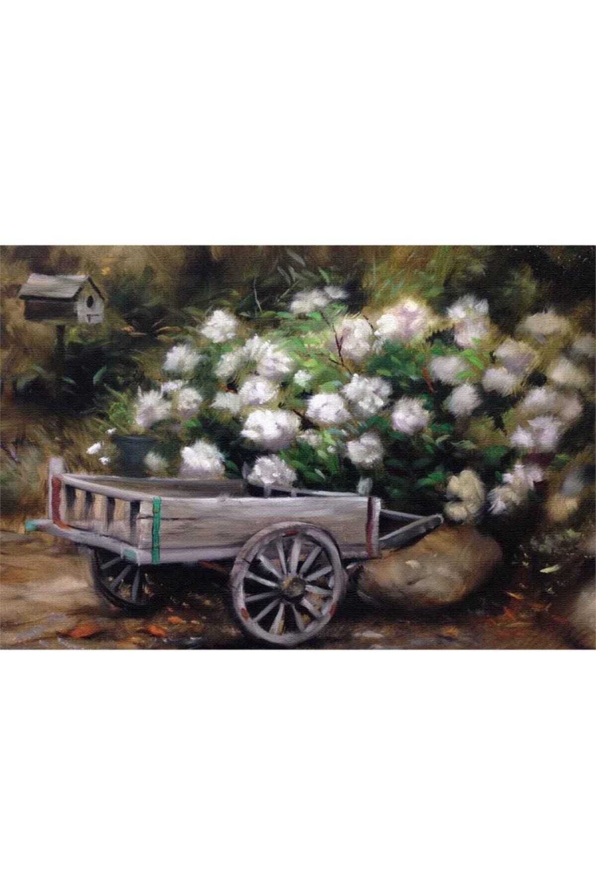 Movas Sanat İçi Çiçek Dolu Tahta Araba | Elmas Mozaik Tablo | Mozaik Puzzle | 50x35 | E20202154M