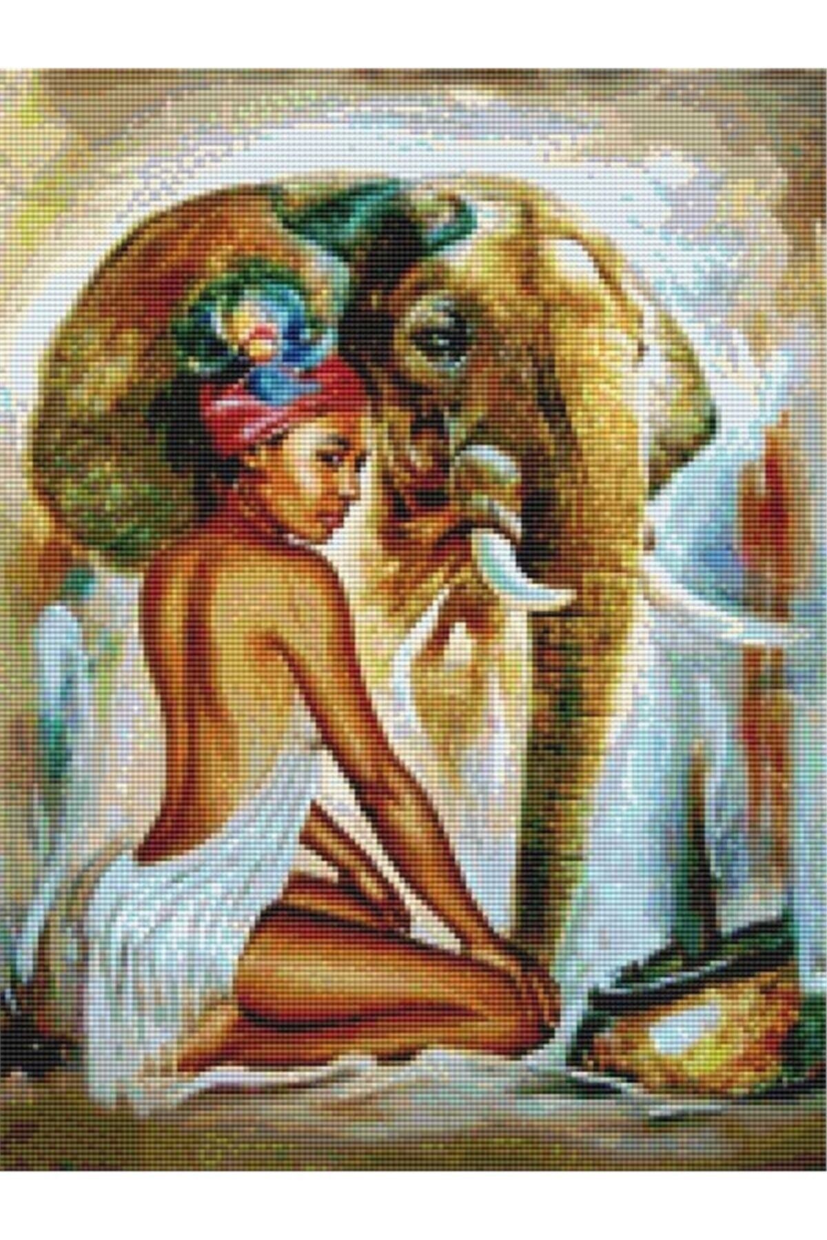 Movas Sanat African Brunette Girl And An Elephant | Diamond Mosaic Painting | Mosaic Puzzle | 40x50 | E20201278M