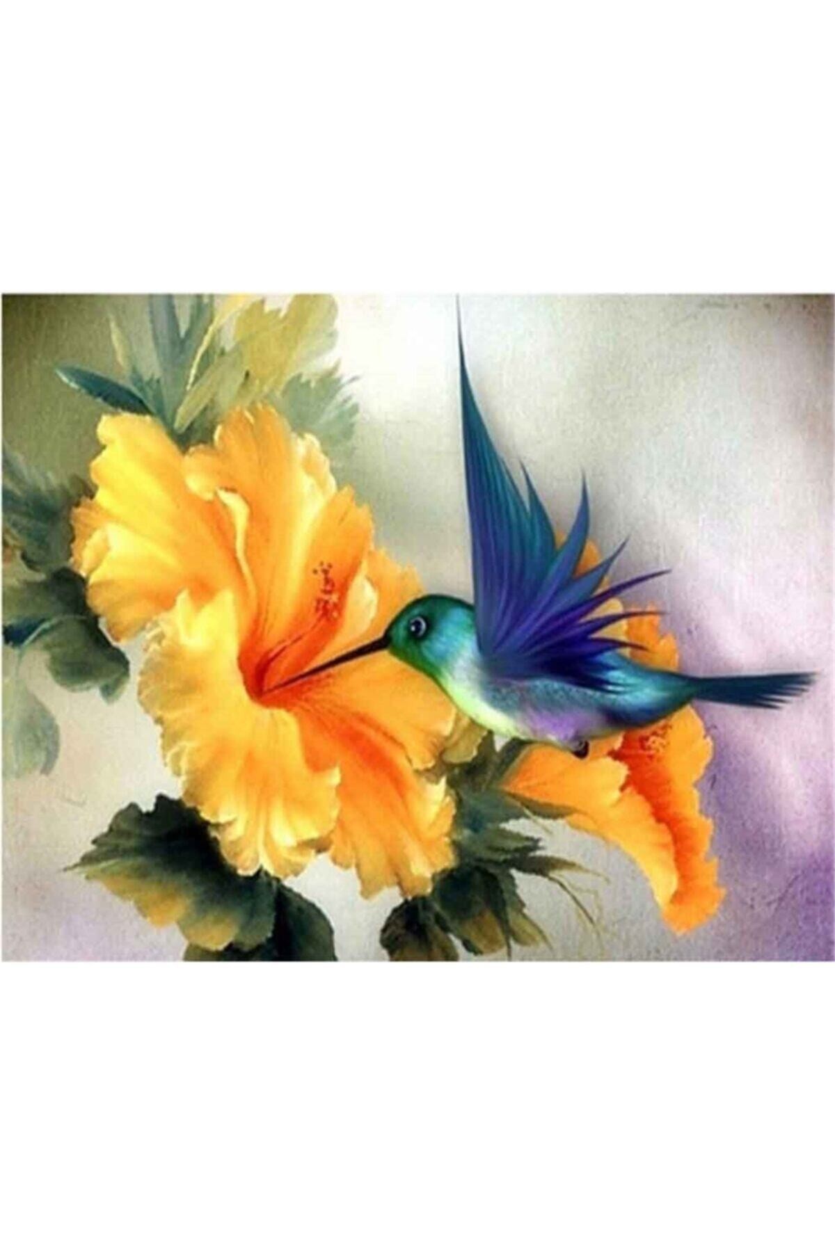 Movas Sanat Çiçekten Polen Alan Küçük Bir Kuş | Elmas Mozaik Puzzle | 50x40 | E20202642M