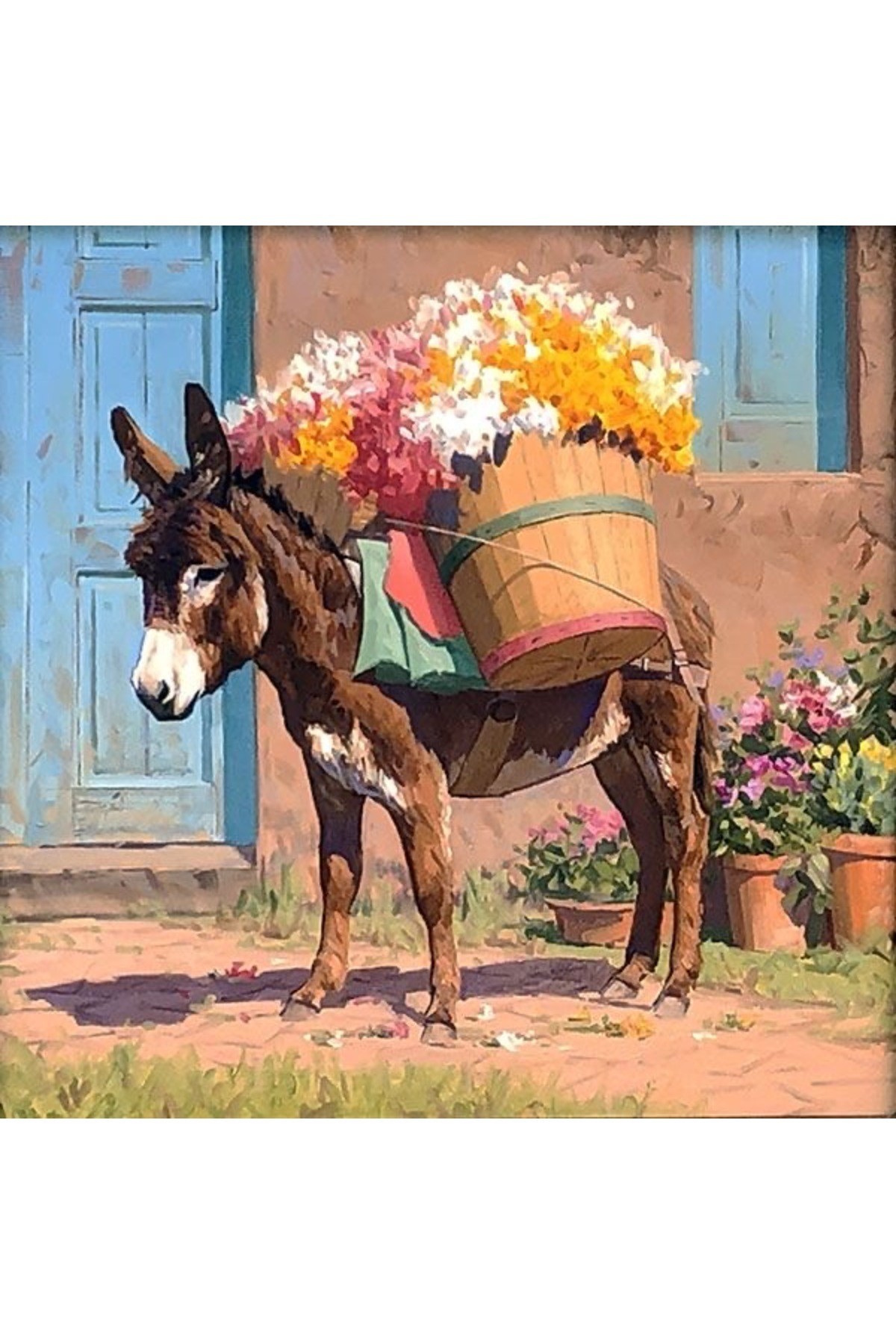 Movas Sanat Çiçek Sepeti Taşıyan Eşek | Elmas Mozaik Tablo | Mozaik Puzzle | 50x50 | E20234056
