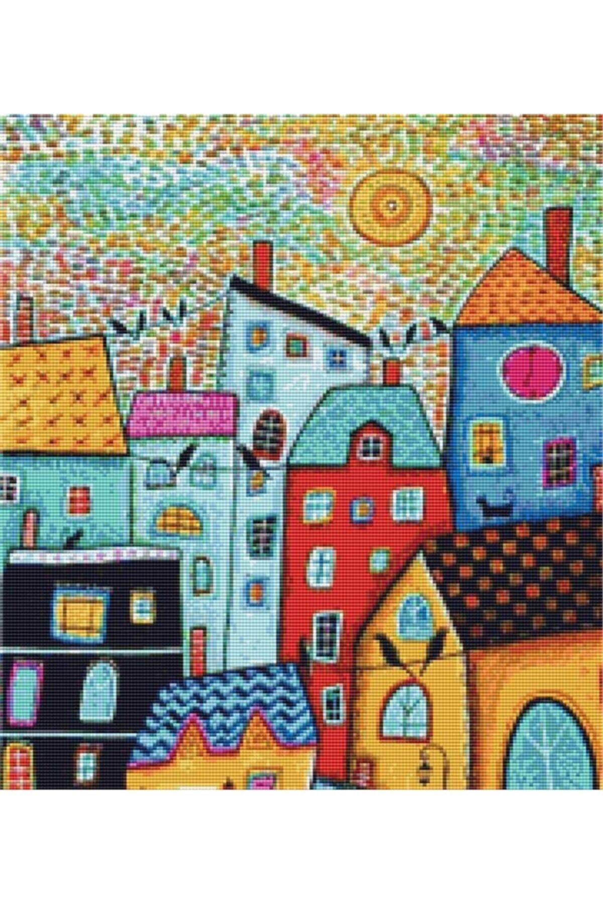 Movas Sanat Damda Kediler, Kuşlar Ve Evler | Elmas Mozaik Tablo | Mozaik Puzzle | 45x50 | E20201430M