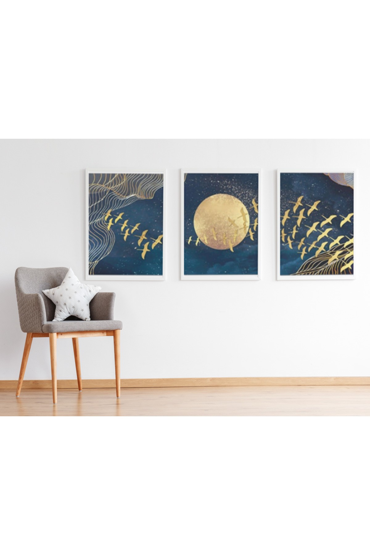 Movas Sanat The Moon And Birds With Gold Embroidery | 3-piece Combination Painting | Mosaic Puzzle | 45x60 | E20203864