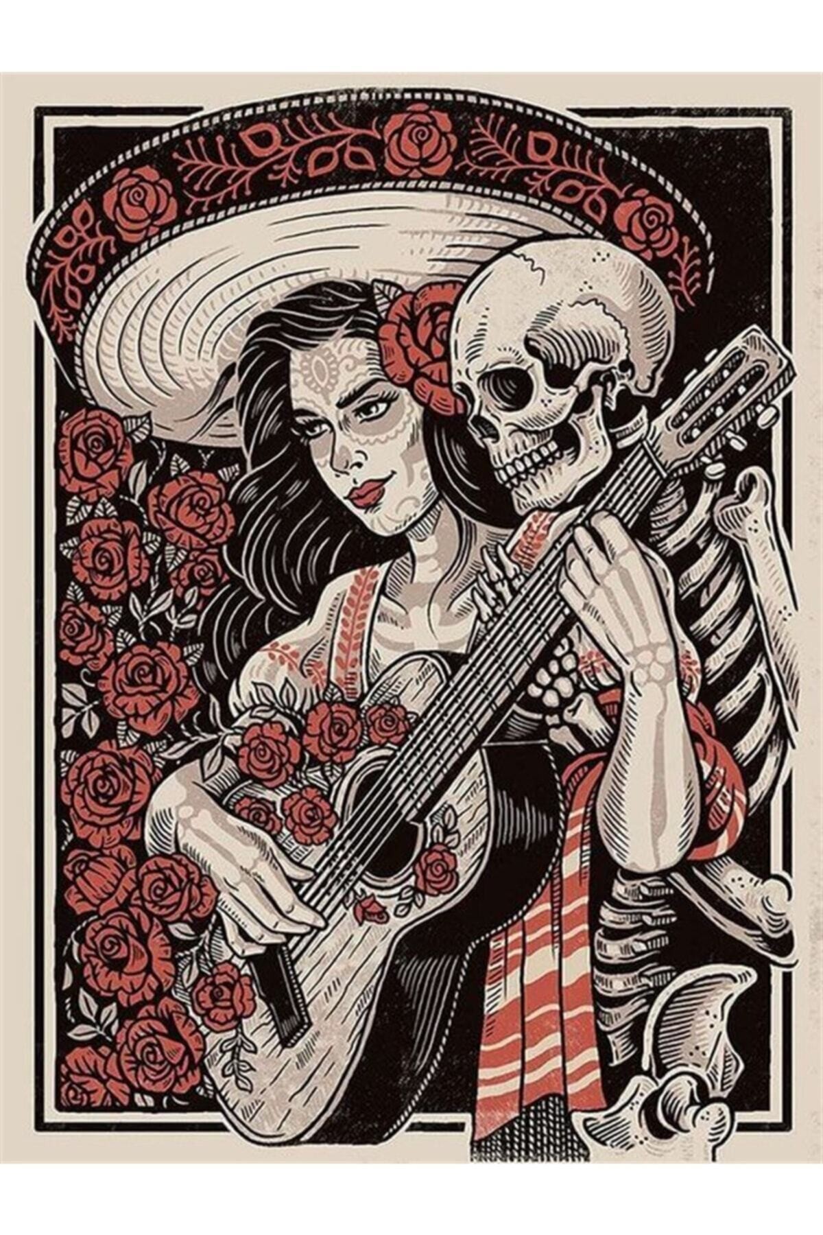 Movas Sanat The Woman Playing Guitar Among The Roses And The Skeleton | Diamond Mosaic Puzzle | 35x45 Dec | E20203798