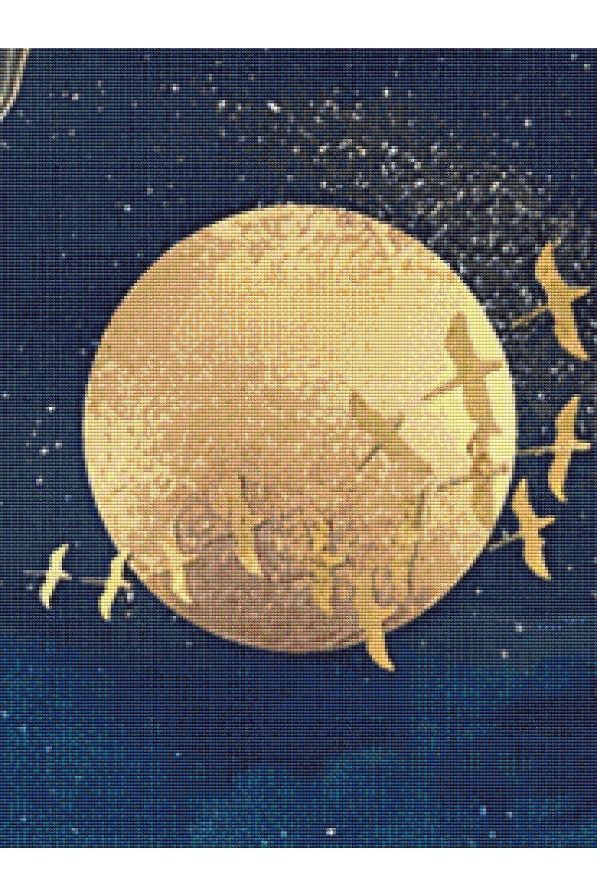 Movas Sanat The Moon And Birds With Gold Embroidery | 3-piece Combination Painting | Mosaic Puzzle | 45x60 | E20203864