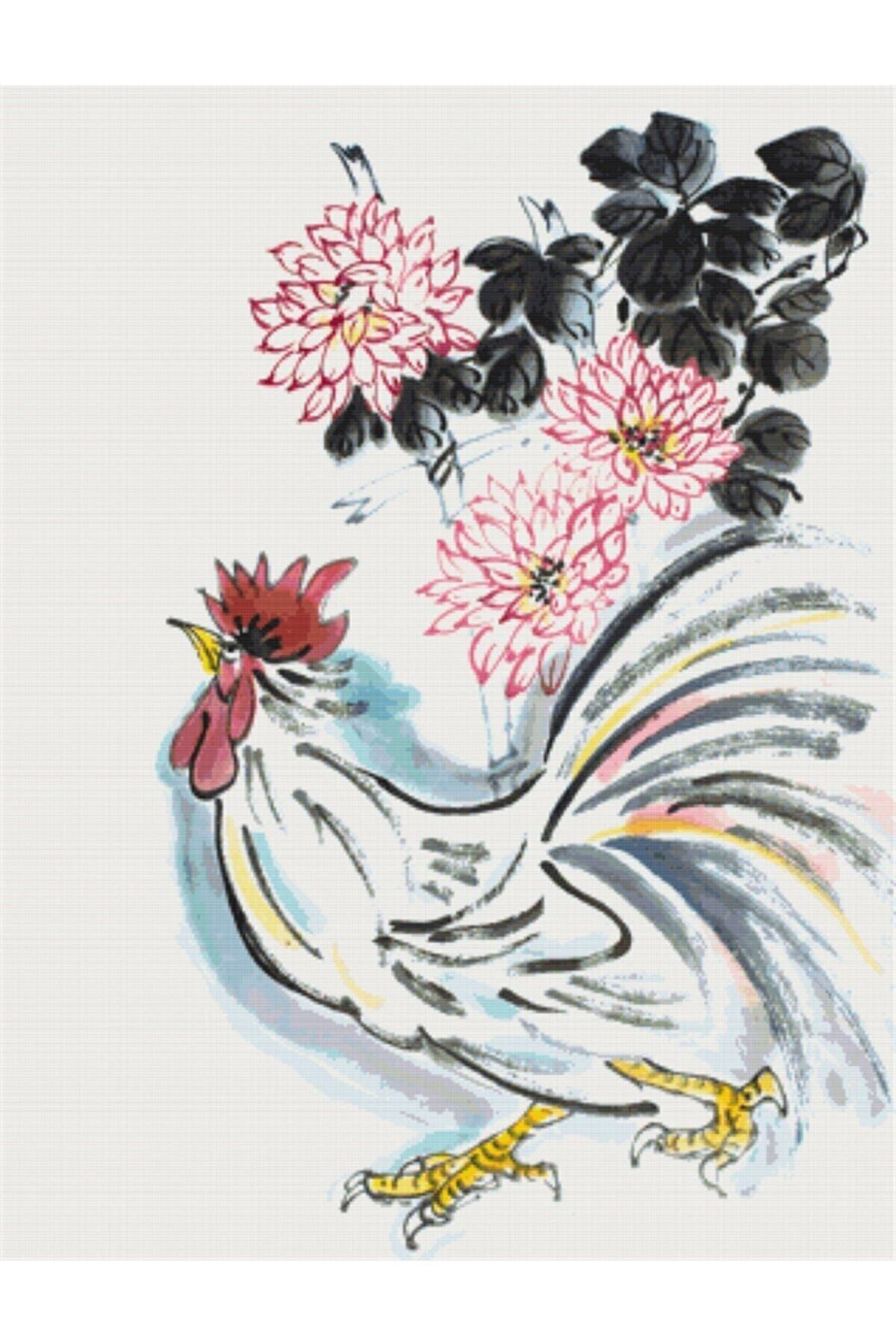 Movas Sanat Çin Horozu Ve Kirizantem | Elmas Mozaik Tablo | Mozaik Puzzle | 40x53 | E2020185