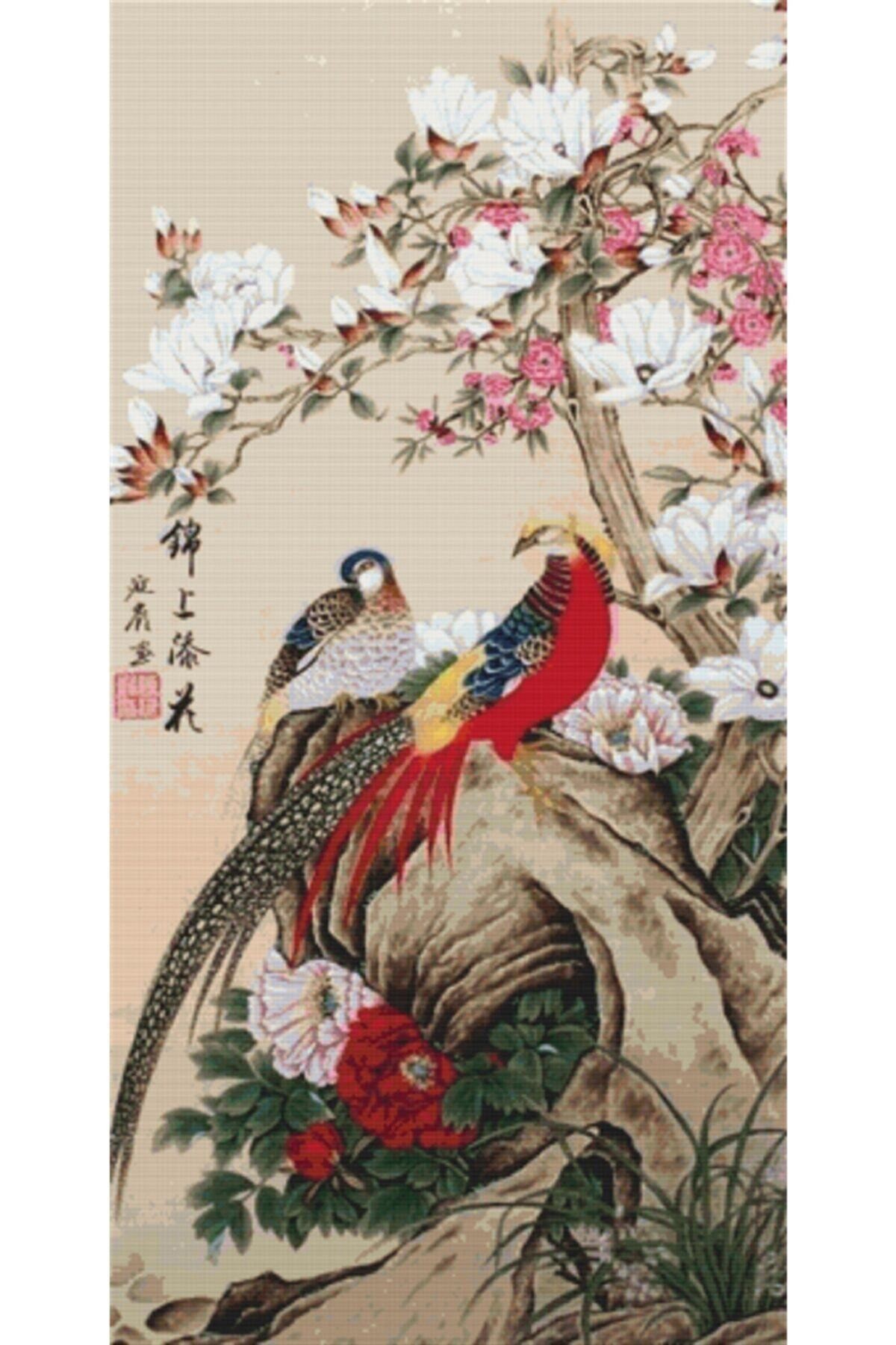 Movas Sanat Japon Çiçekleri Ve Yaban Horozları | Elmas Mozaik Puzzle | 25x49 | E2020412