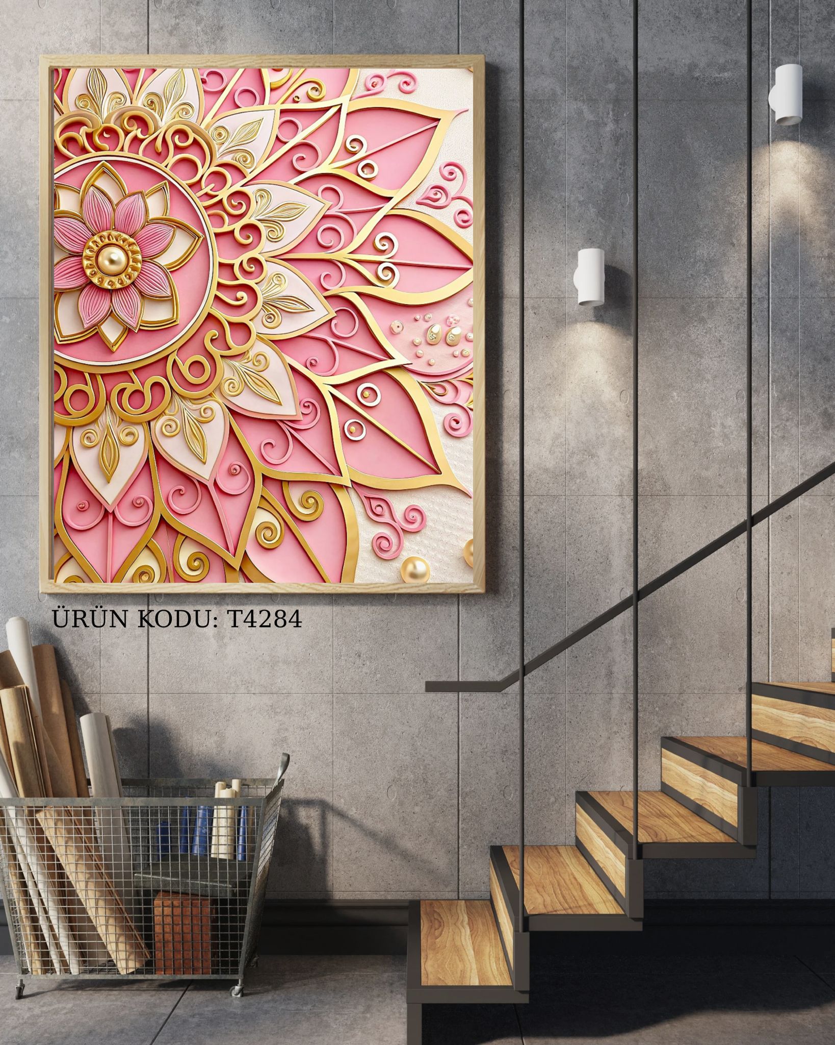 Pembe Altın Mandala Zerafet Çiçeği 42x84cm T0011 Dialands Elmas Mozaik Tablo