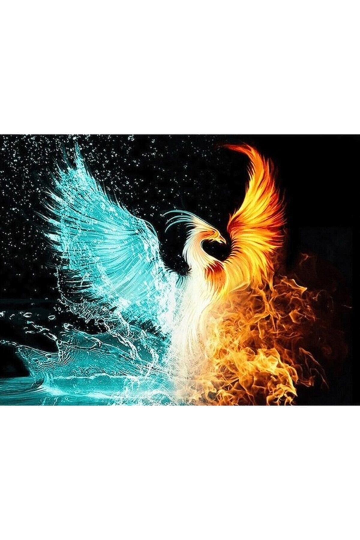 Movas Sanat Su Ve Ateş Anka Kuşu Elmas Mozaik Tablo / Boncuk Yapıştırma 50x35cm E20202941M