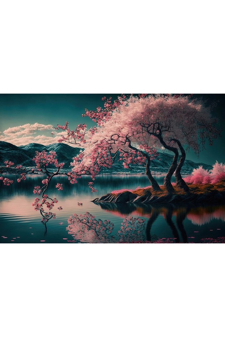 Movas Sanat Su Kenarında Japon Kiraz Ağacı Manzara | Elmas Goblen Mozaik Tablo | 75x50 | E20203796