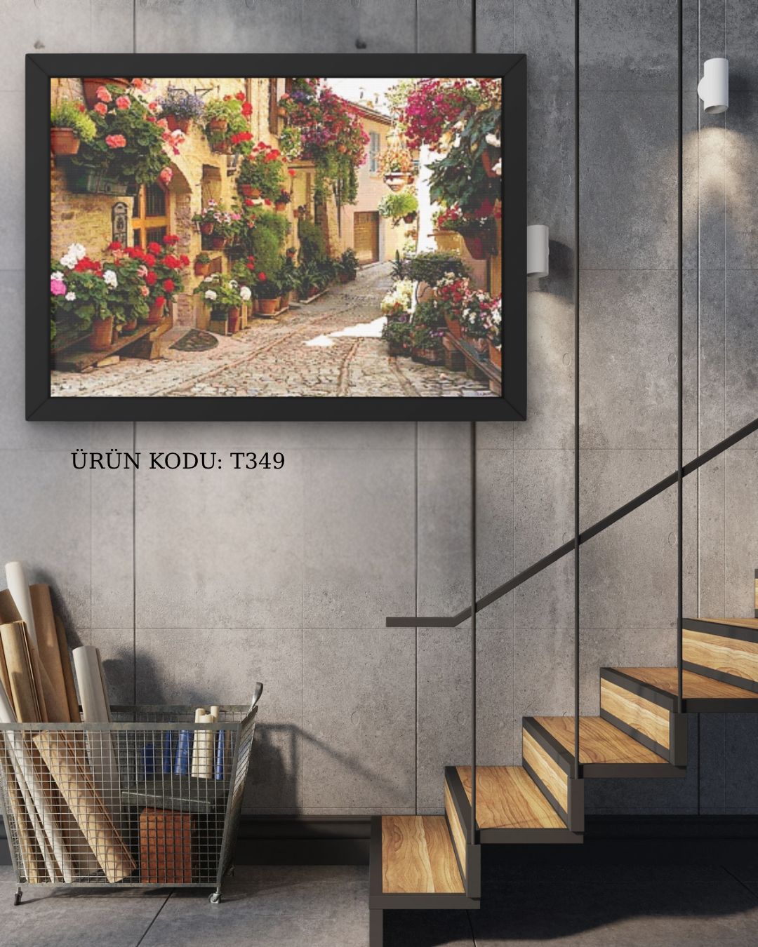 Çiçekli Eski İtalyan Sokağı 45x33cm Dialands Elmas Mozaik Tablo