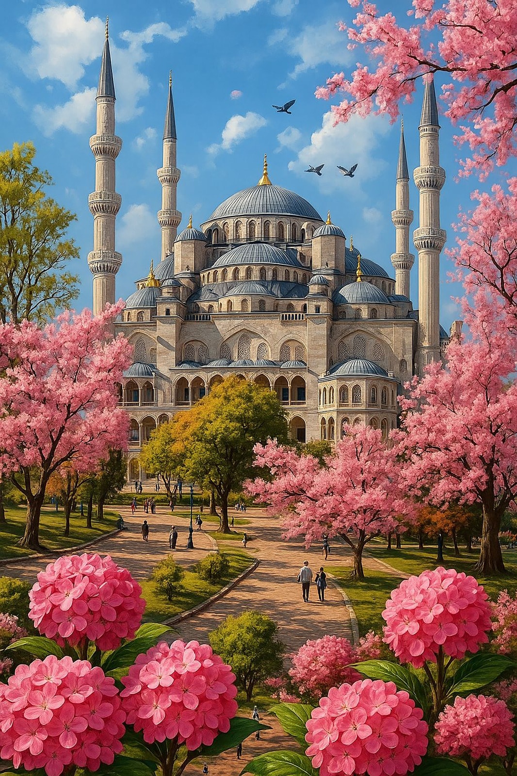 Pembe Çiçekler Arasında Sultanahmet Camii 50X75CM 
