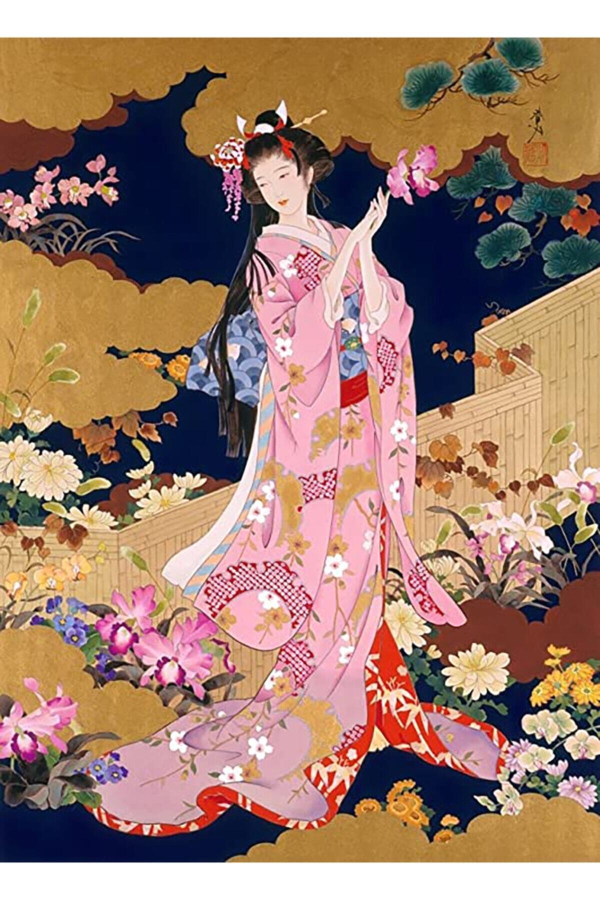 Movas Sanat Bir Japon Çiçek Bahçesi Ve Geyşa Elmas Mozaik Tablo / Mozaik Puzzle 40x55cm E2020471