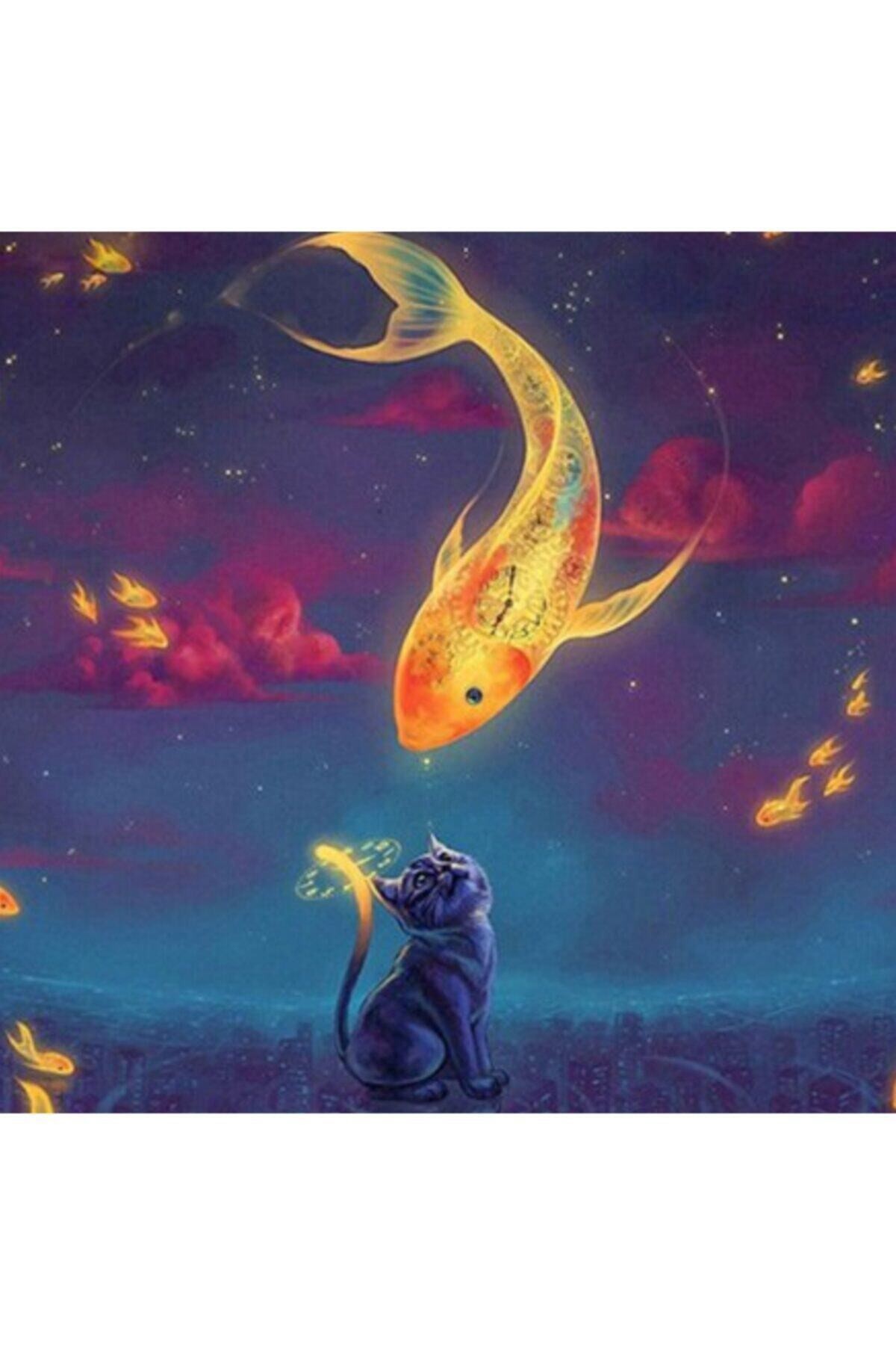 Movas Sanat Kedi Ve Balık Resmi Elmas Mozaik Tablo / Boncuk Goblen Yapıştırma 50x50cm E20202770M