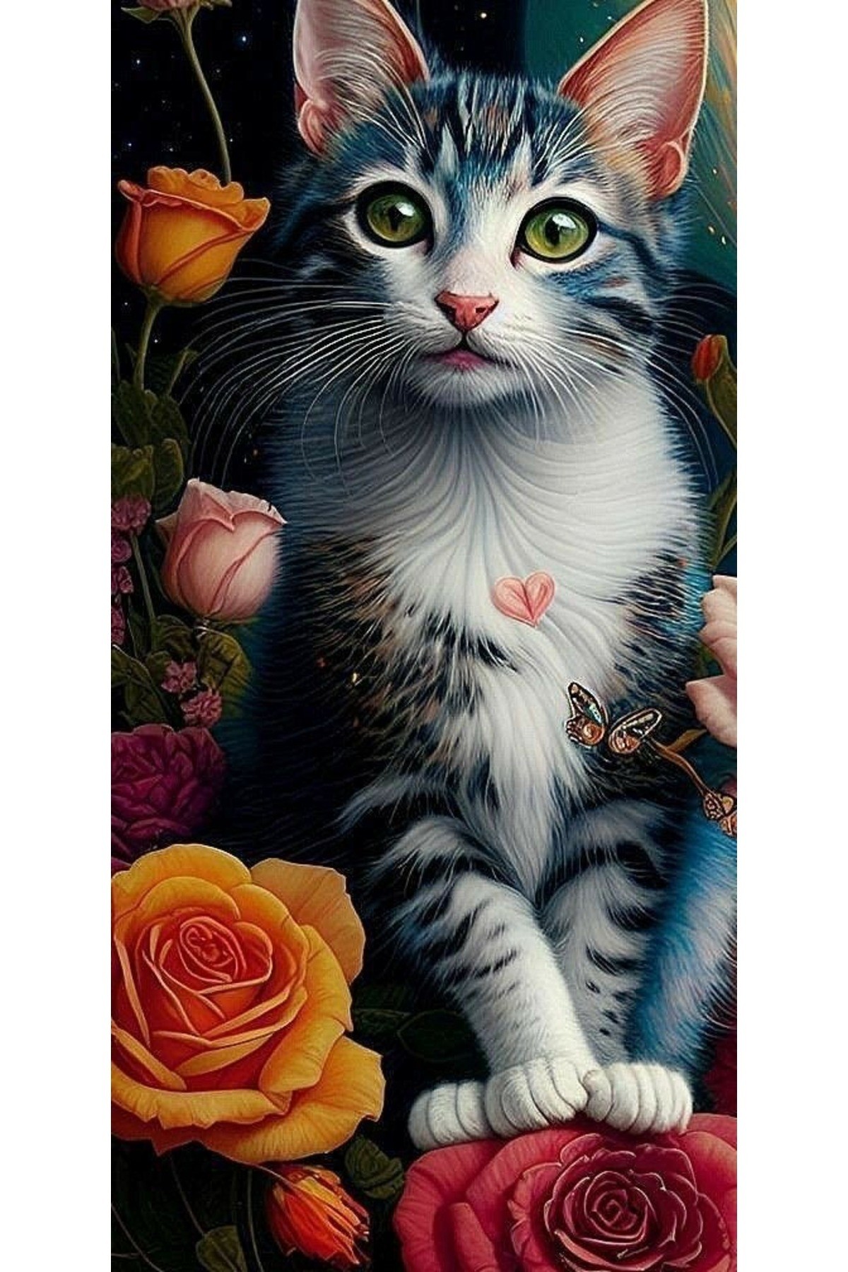 Movas Sanat Gülleri Seven Kedi | Elmas Mozaik Tablo | Mozaik Puzzle | 25x50 | E20234031