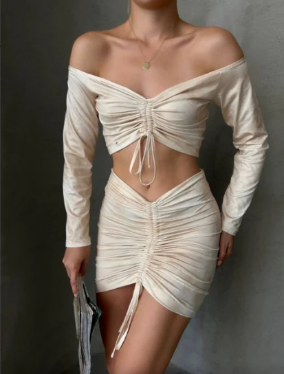 Büzgülü etek bluz takım bej