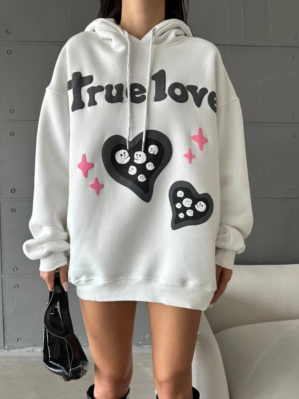 3 iplik şardonlu oversize true baskılı sweat Beyaz