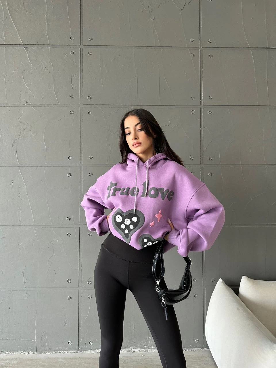 3 iplik şardonlu oversize true baskılı sweat mor