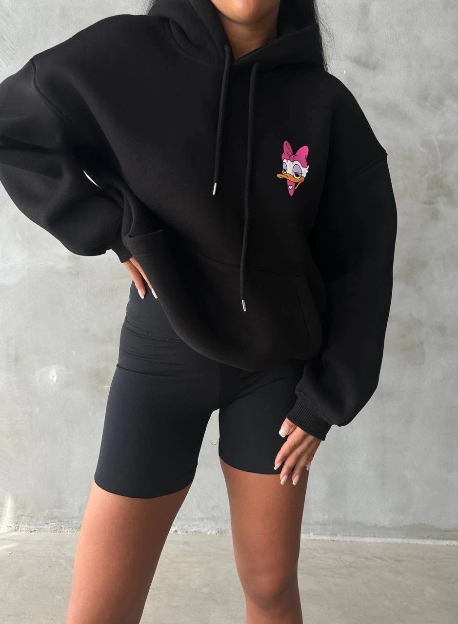 3 iplik şardonlu oversize compact ördek baskılı sweat siyah