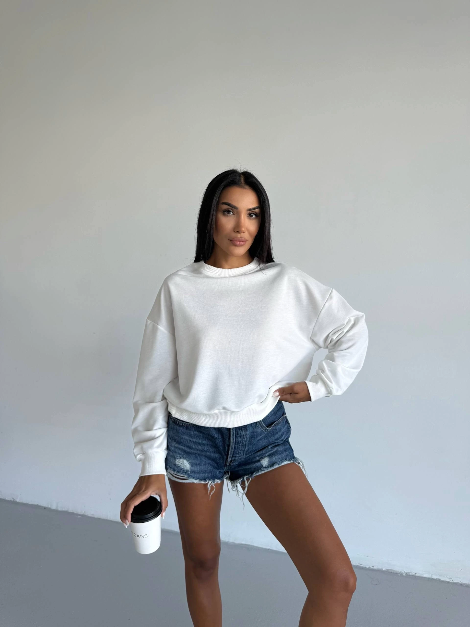 2 iplik bisiklet yaka sweat beyaz