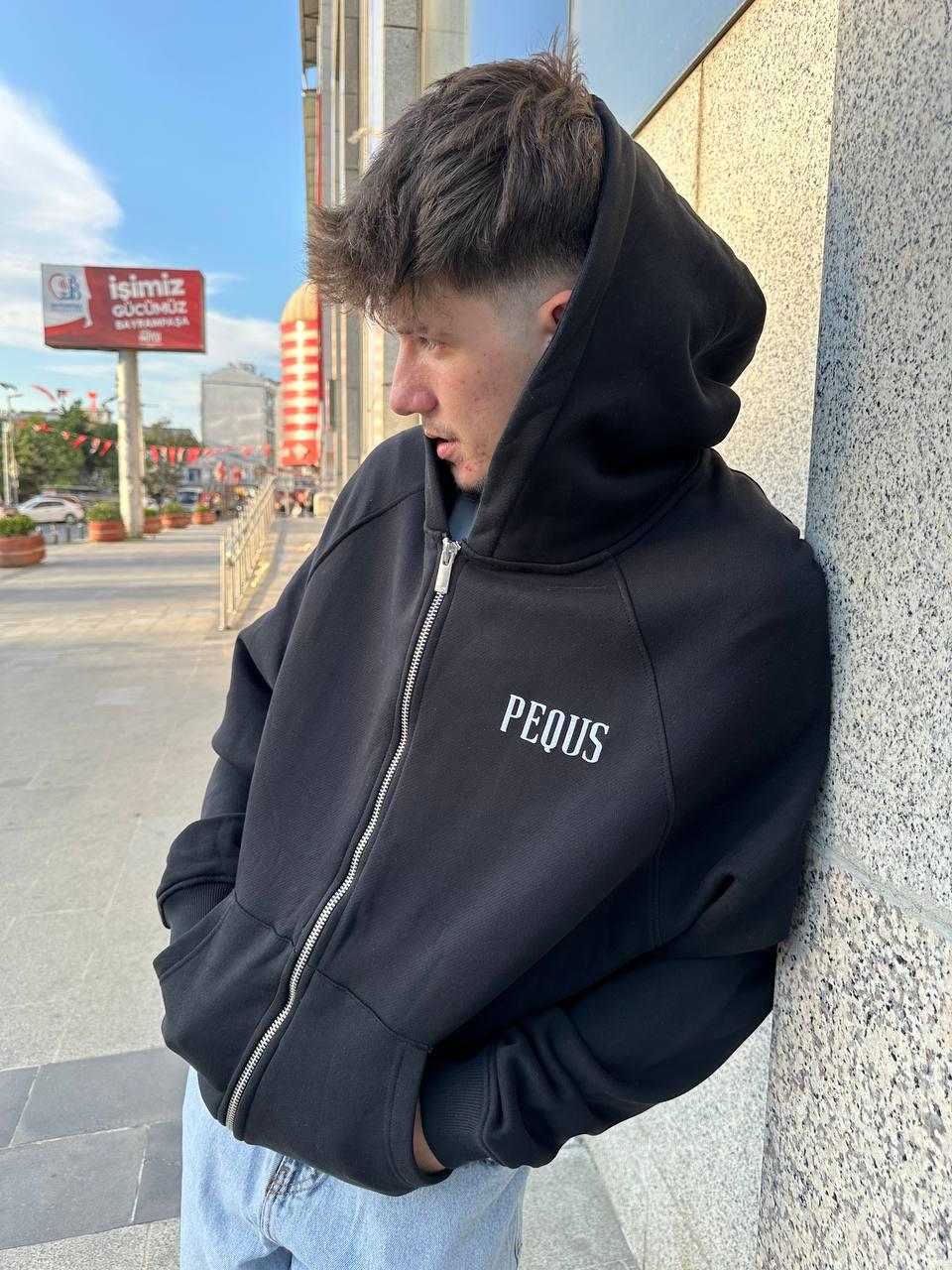 Pequ's Baskılı Siyah Oversize Zip Hoodie
