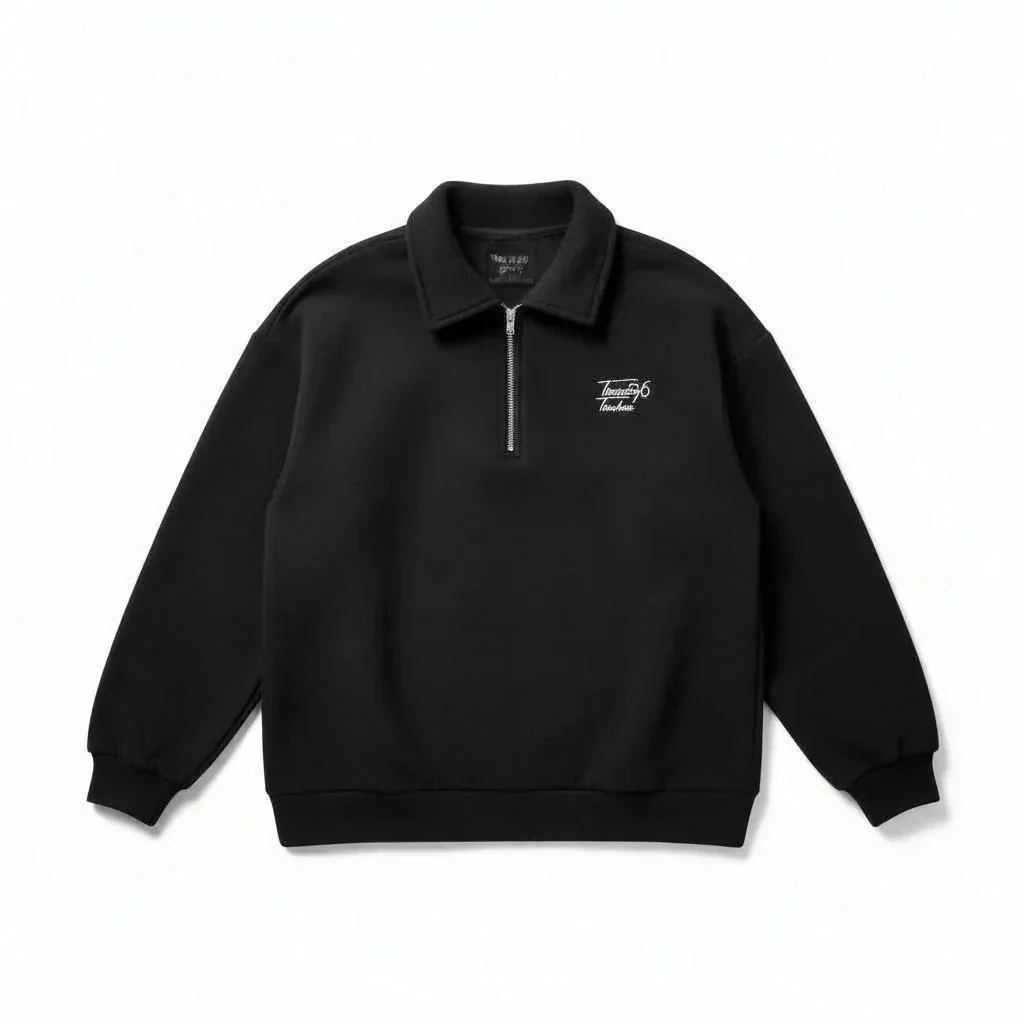 Twenty Nakış Detaylı Fırçalı Kumaş Siyah Half Zip Polo Yaka Sweatshirt