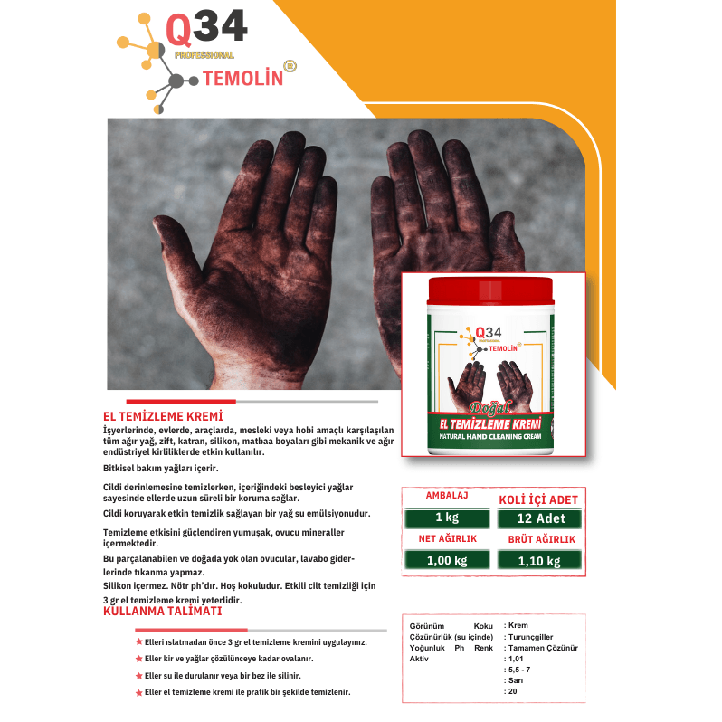 Q 34 TEMOLİN EL TEMİZLEME KREMİ - 1 KG